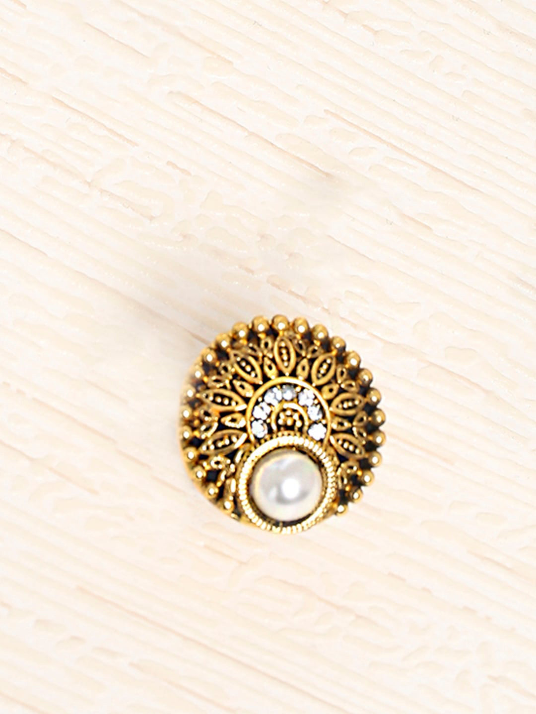 

OOMPH Gold-Plated Stone-Studded & Pearl Beaded Adjustable Finger Ring