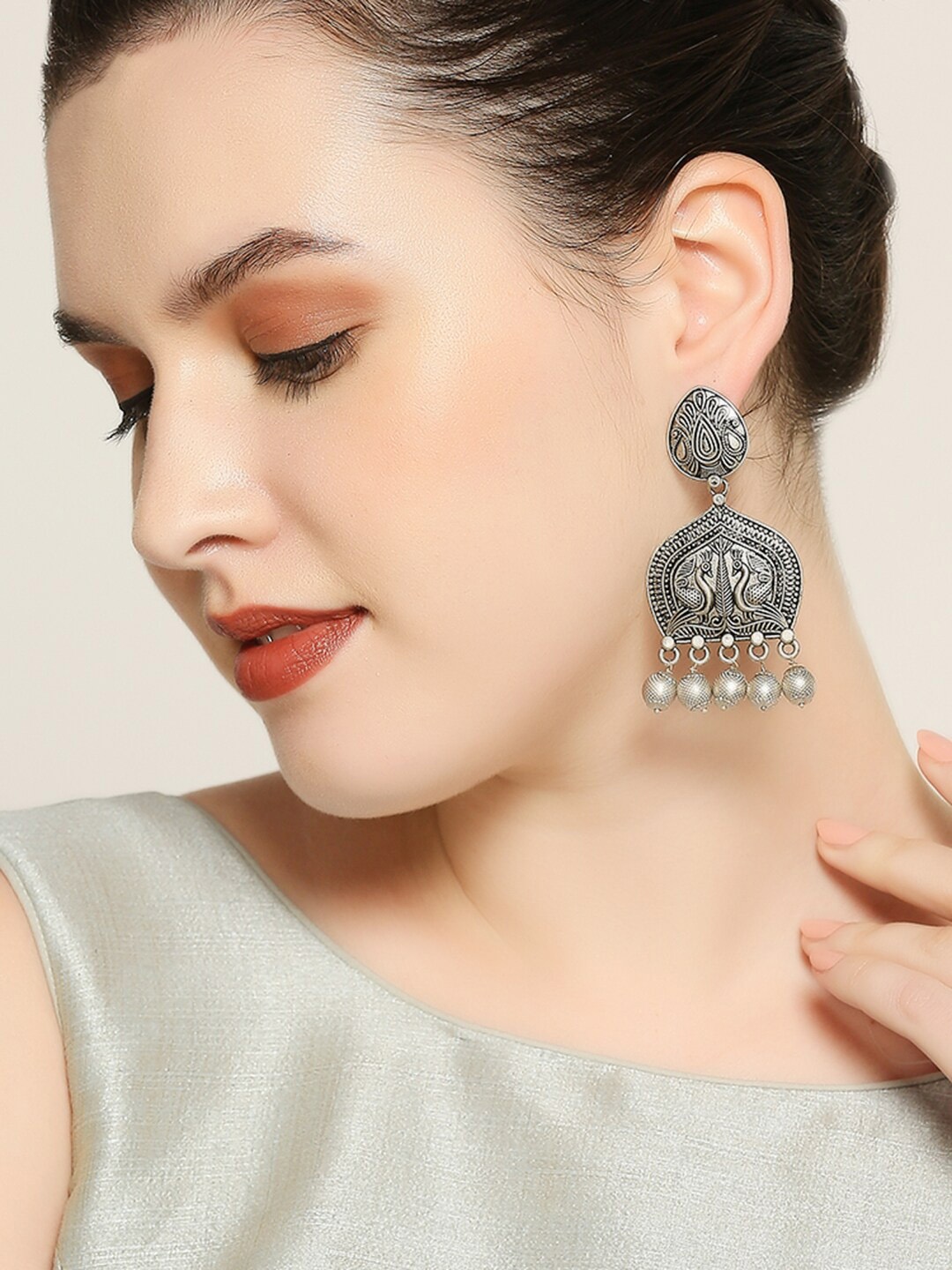 

OOMPH Peacock Shaped Oxidised Drop Earrings, Silver