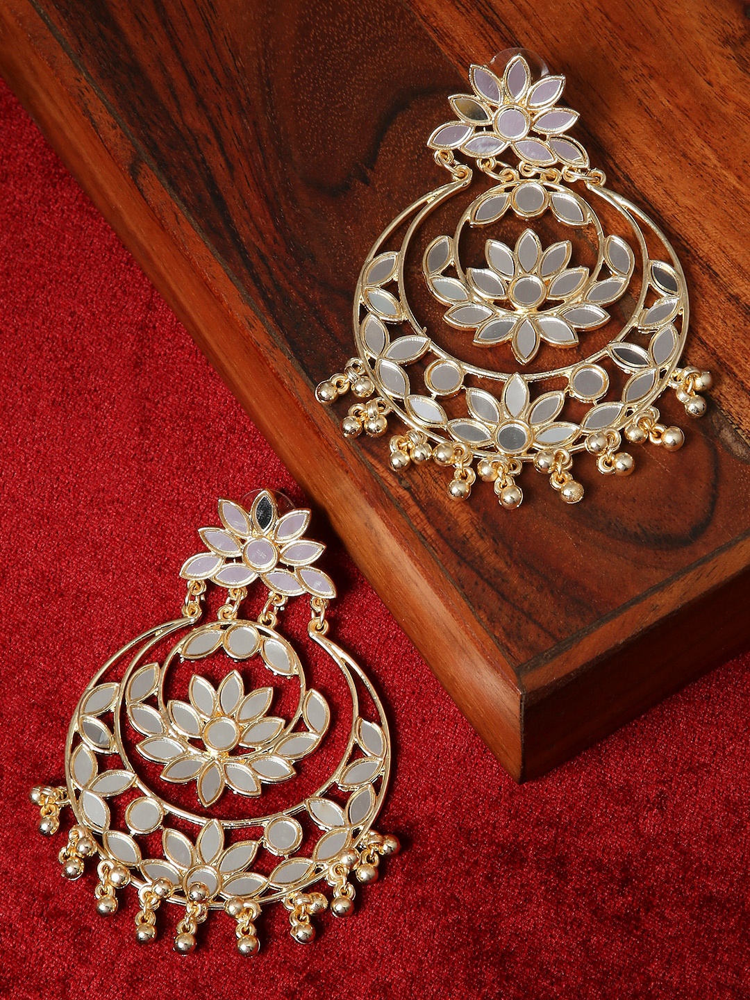 

OOMPH Mirror Kundan Studded Contemporary Chandbalis, Gold
