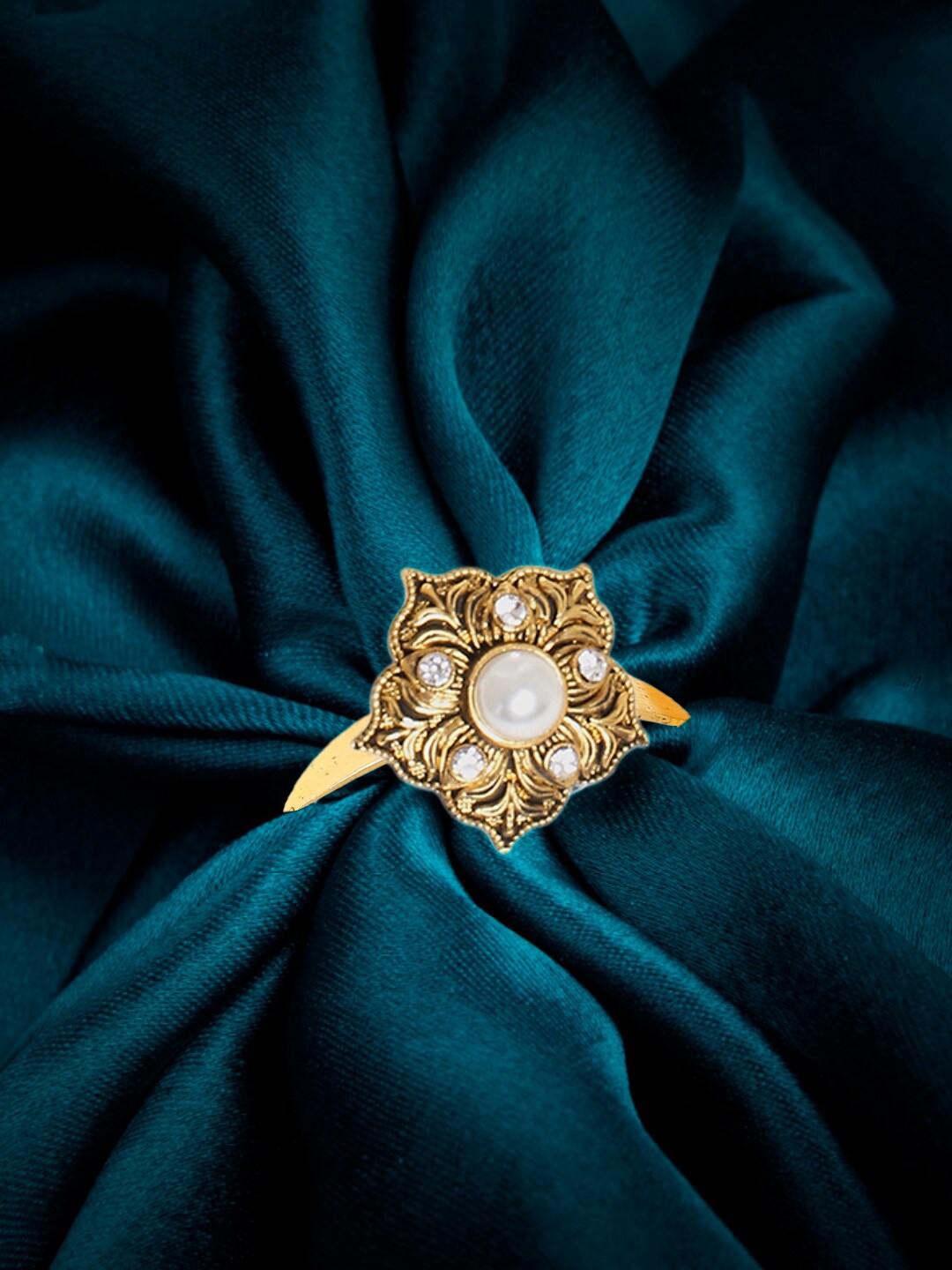 OOMPH Gold-Plated Stone-Studded & Pearl Beaded Adjustable Finger Ring