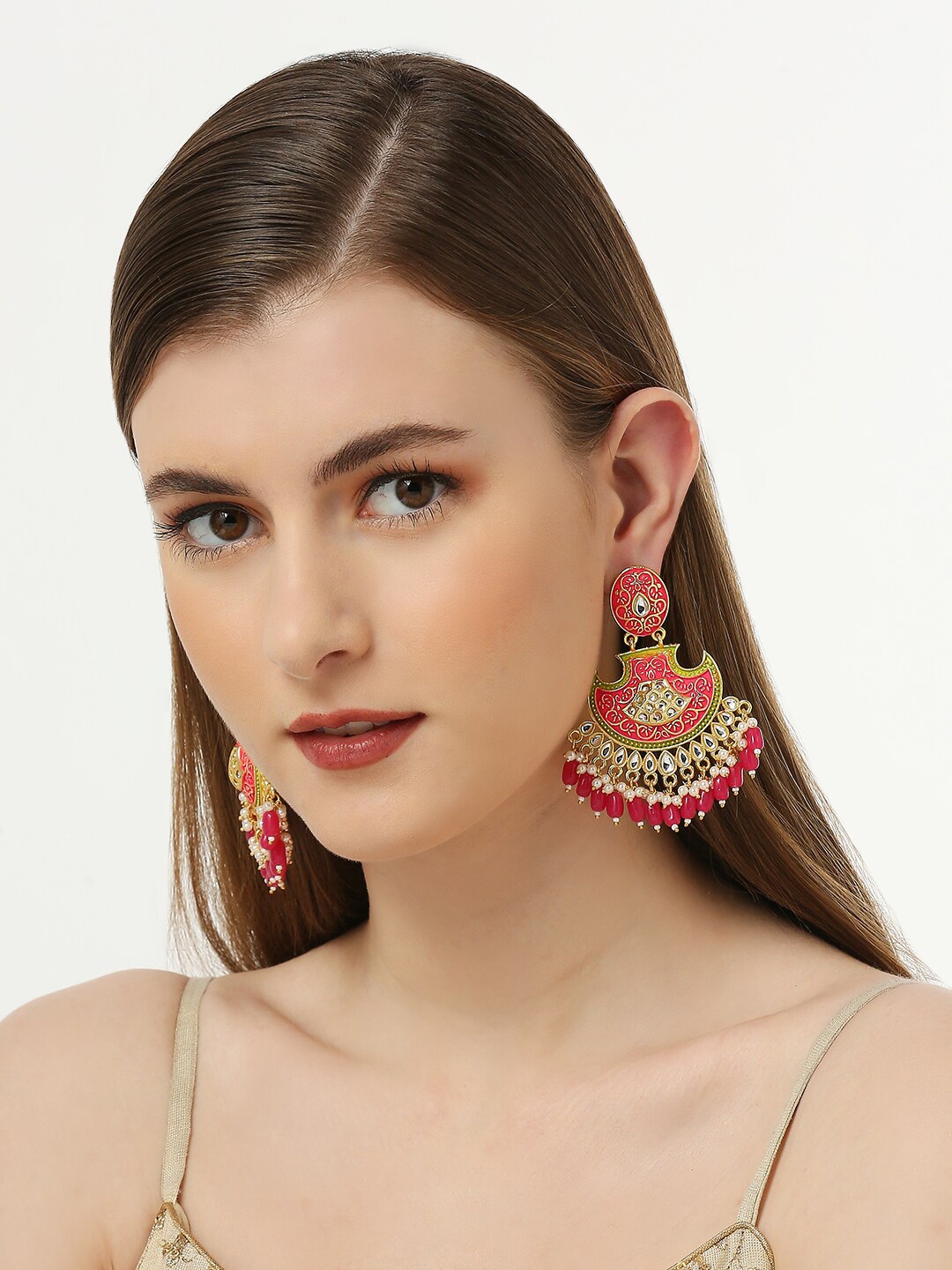 

OOMPH Kundan Studded Contemporary Meenakari Chandbalis, Gold