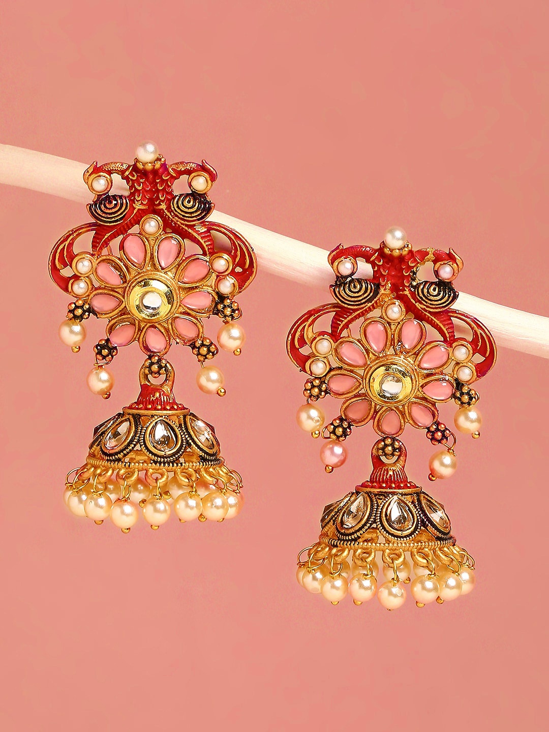 

OOMPH Peacock Shaped Kundan Studded Jhumkas, Pink