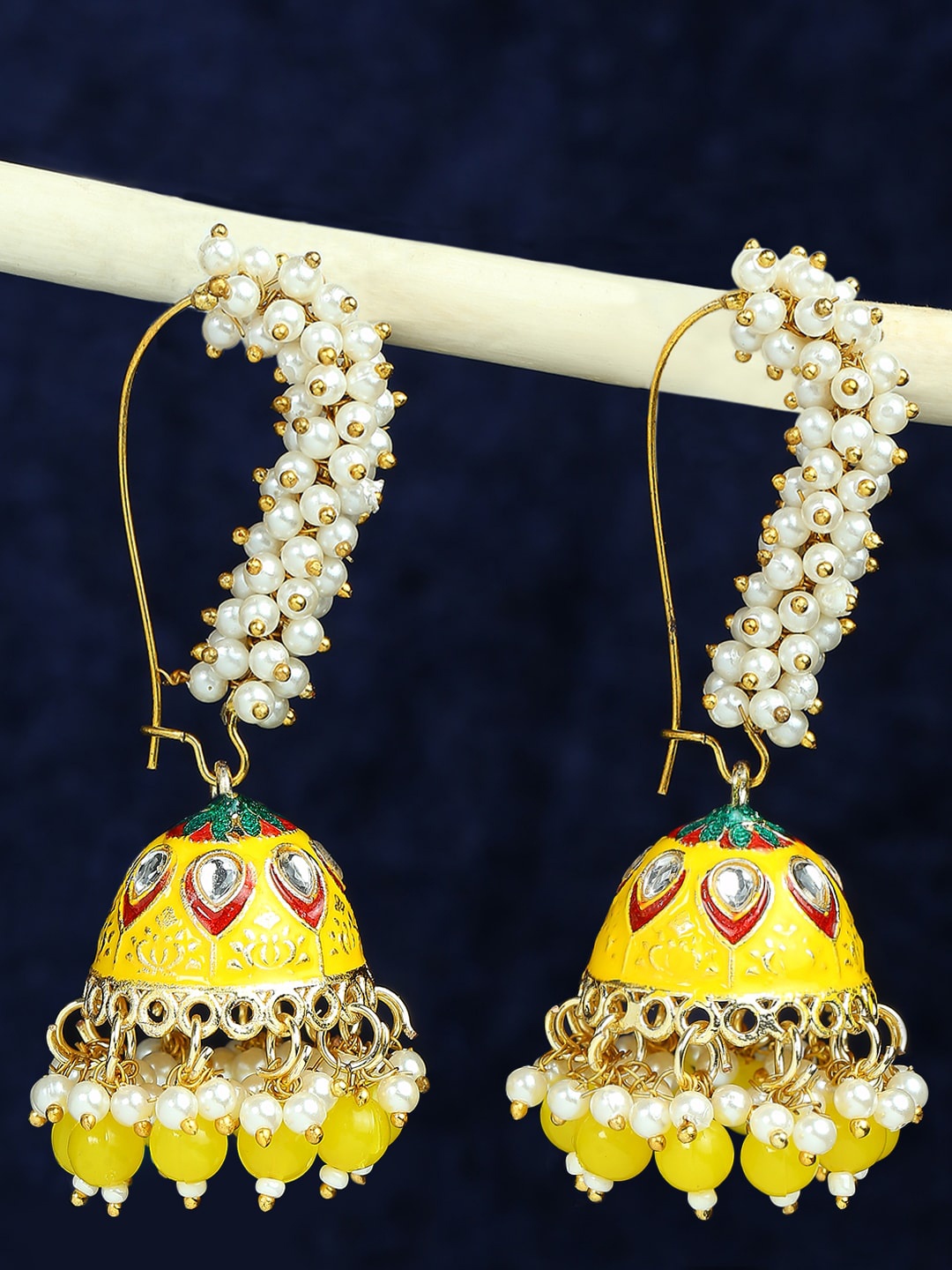 

OOMPH Beaded Dome Shaped Enamelled Jhumkas, Yellow