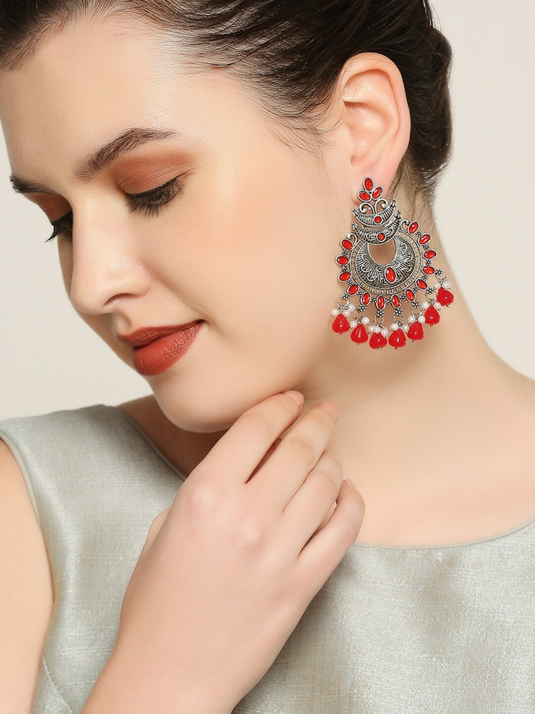 

OOMPH Floral Oxidised Chandbali Earrings, Red