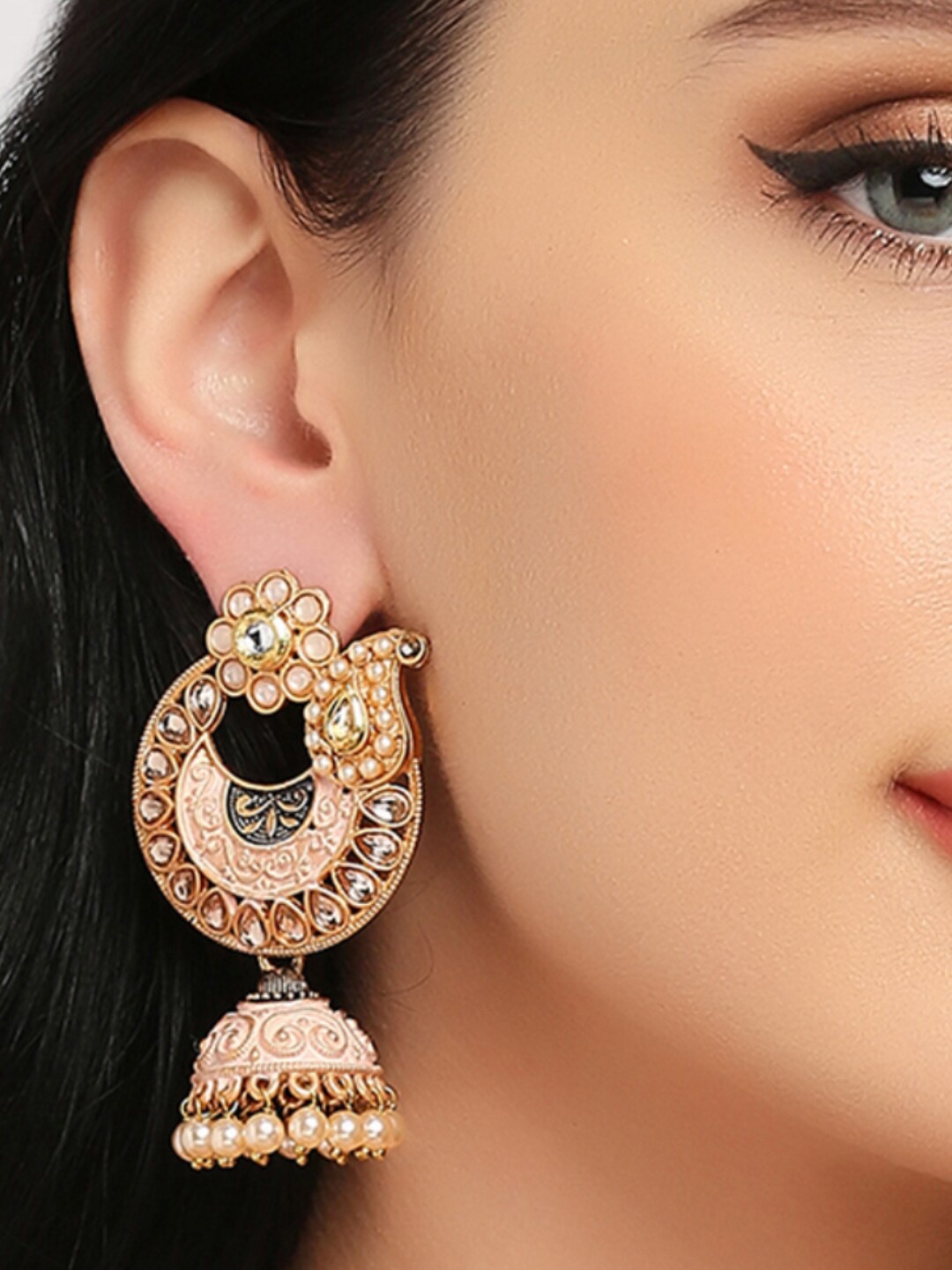 

OOMPH Floral Kundan Studded Jhumka, Pink