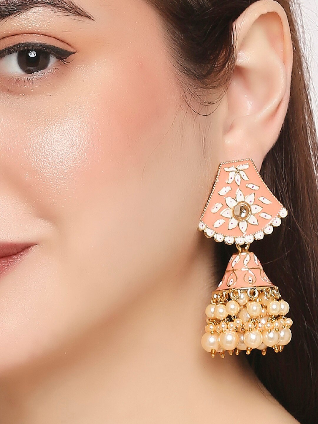 

OOMPH Floral Kundan Studded Jhumkas, Pink