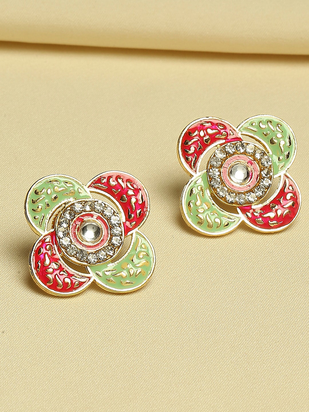 

OOMPH Gold Plated Floral Kundan Meenakari Studs Earrings