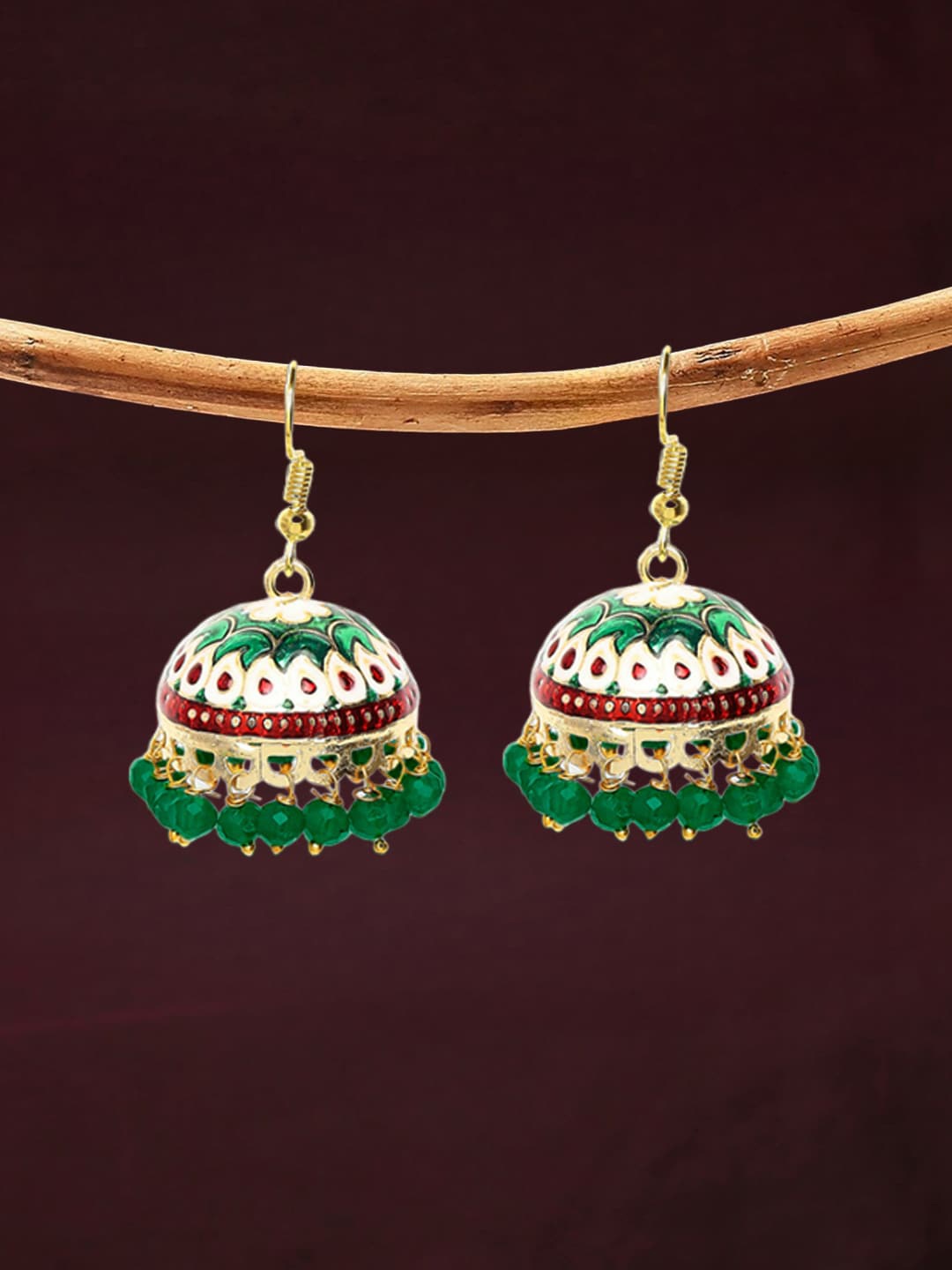 

OOMPH Green Dome Shaped Beaded Meenakari Jhumkas