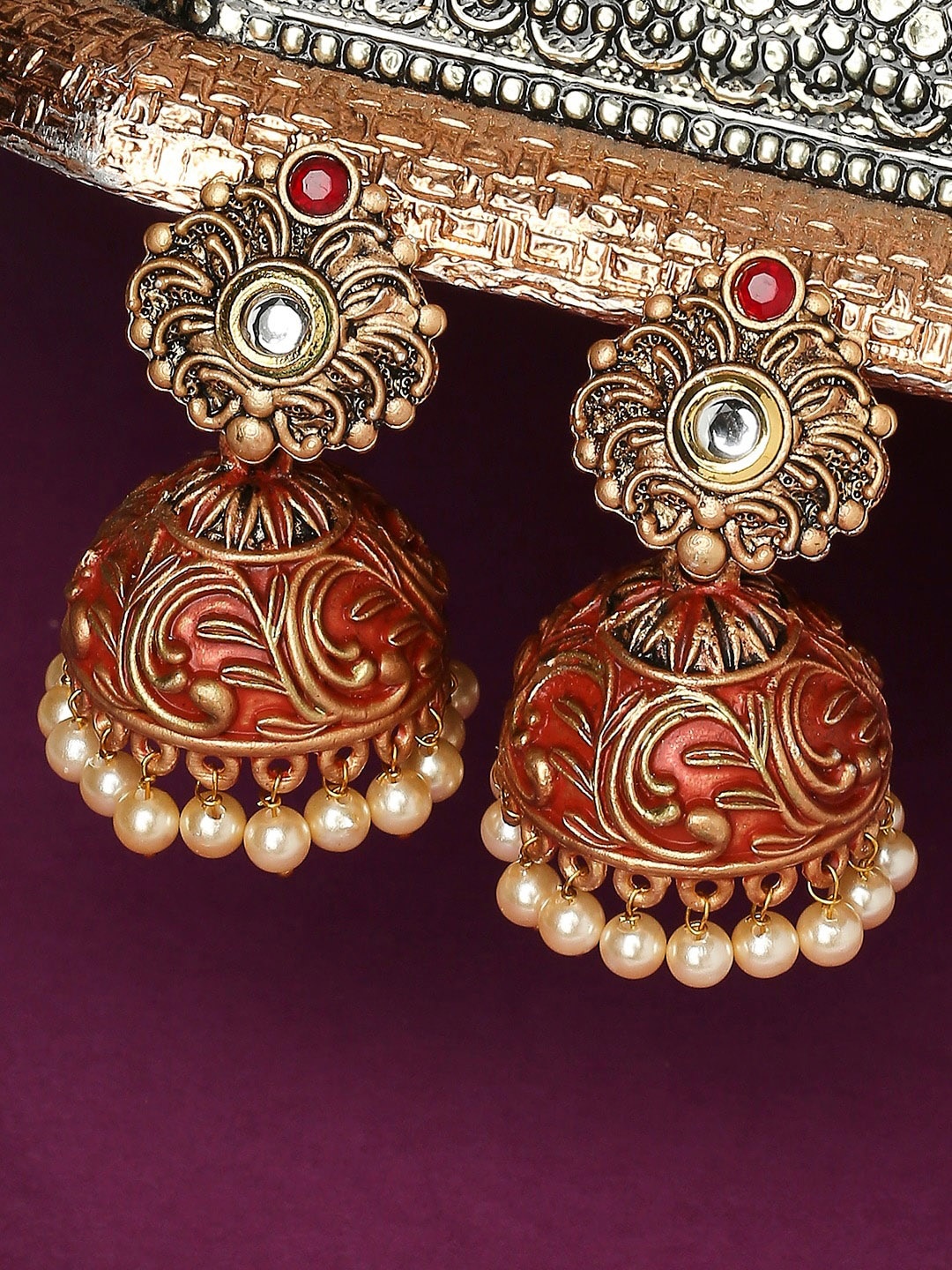 

OOMPH Gold Plated Dome Shaped Kundan Studded And Beaded Jhumkas