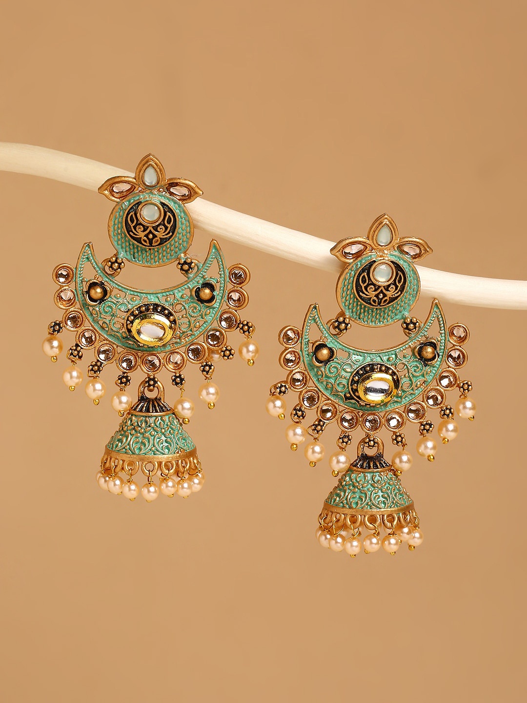 

OOMPH Kundan & Pearl Studded Floral Jhumkas, Gold