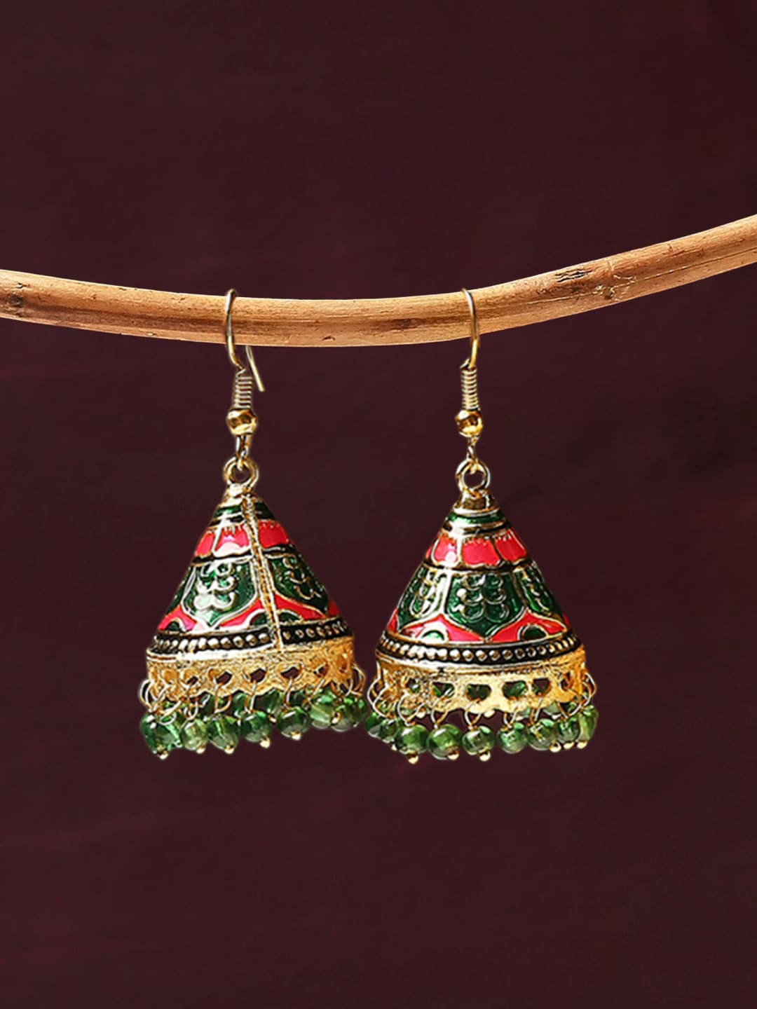 

OOMPH Floral Beaded Meenakari Jhumkas, Green