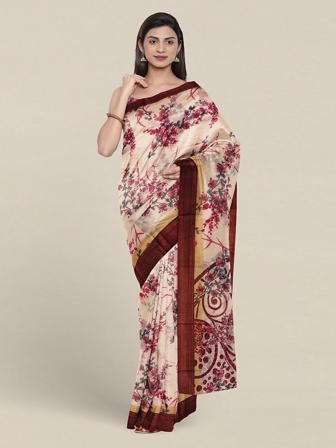 

Pothys Floral Printed Zari Saree, Cream