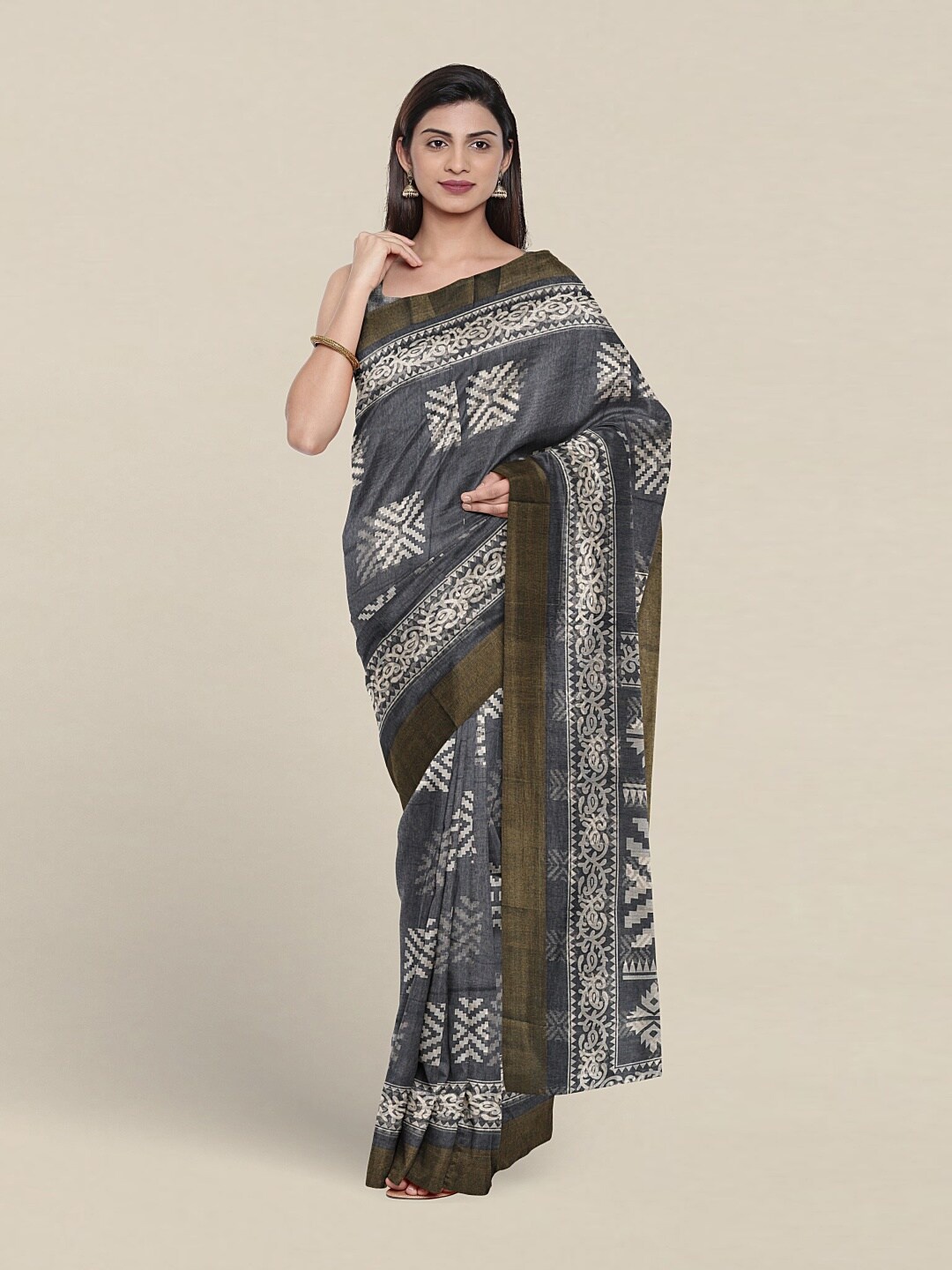 

Pothys Geometric Printed Zari Saree, Grey