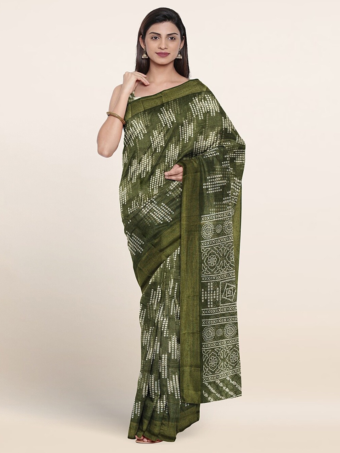 

Pothys Geometric Printed Zari Saree, Green