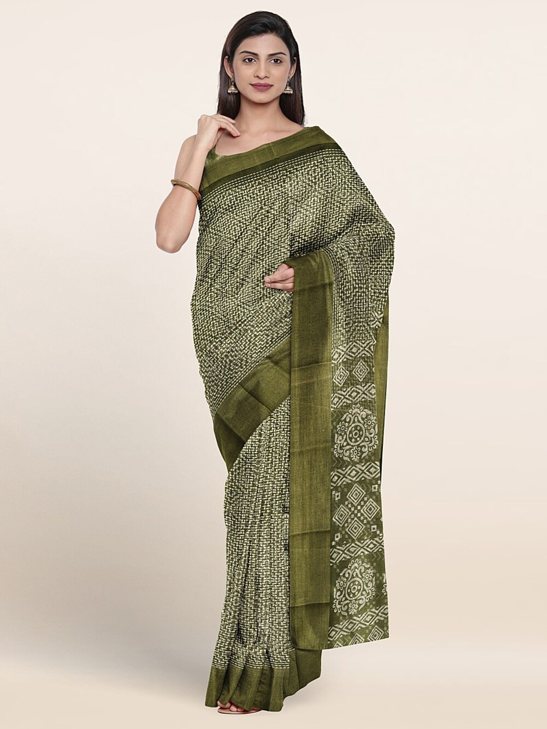 

Pothys Geometric Printed Zari Saree, Green