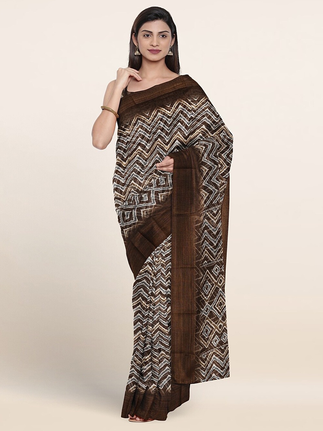 

Pothys Geometric Printed Zari Saree, Brown