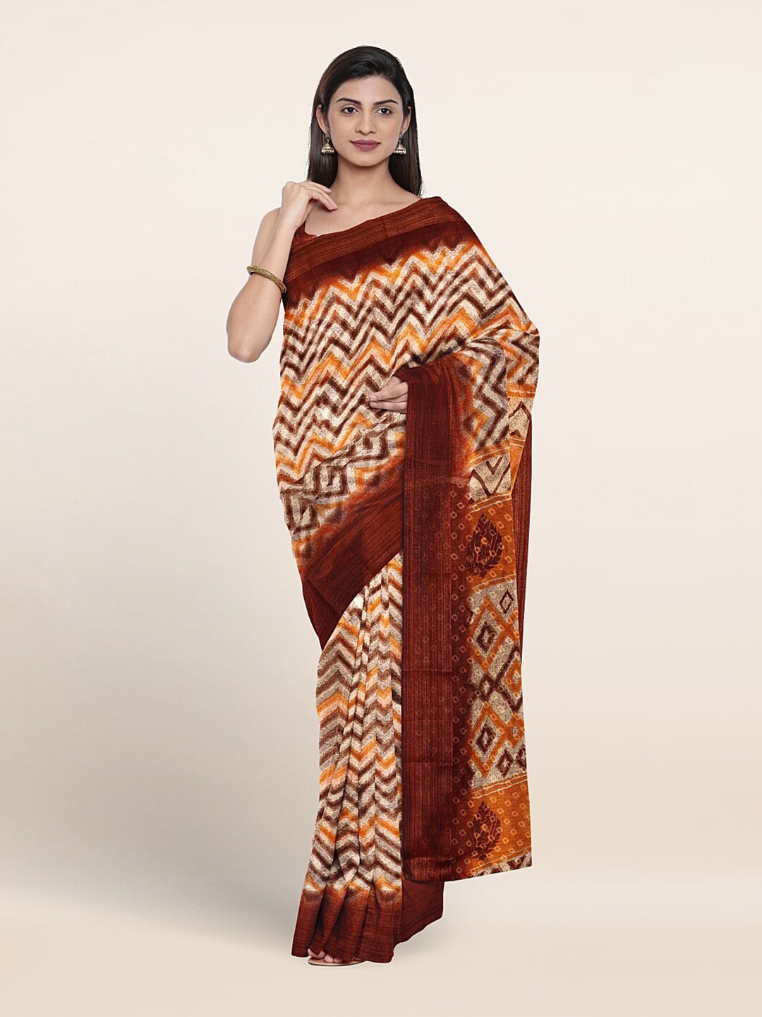 

Pothys Chevron Printed Cotton Blend Saree, Cream