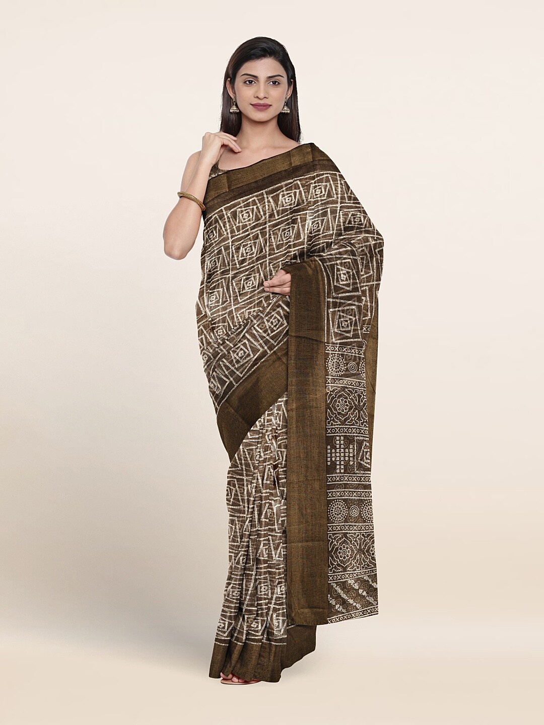 

Pothys Geometric Printed Zari Saree, Brown