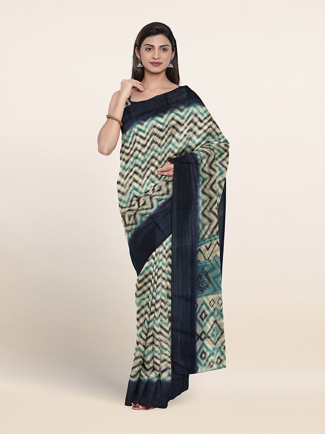 

Pothys Chevron Printed Zari Saree, Cream