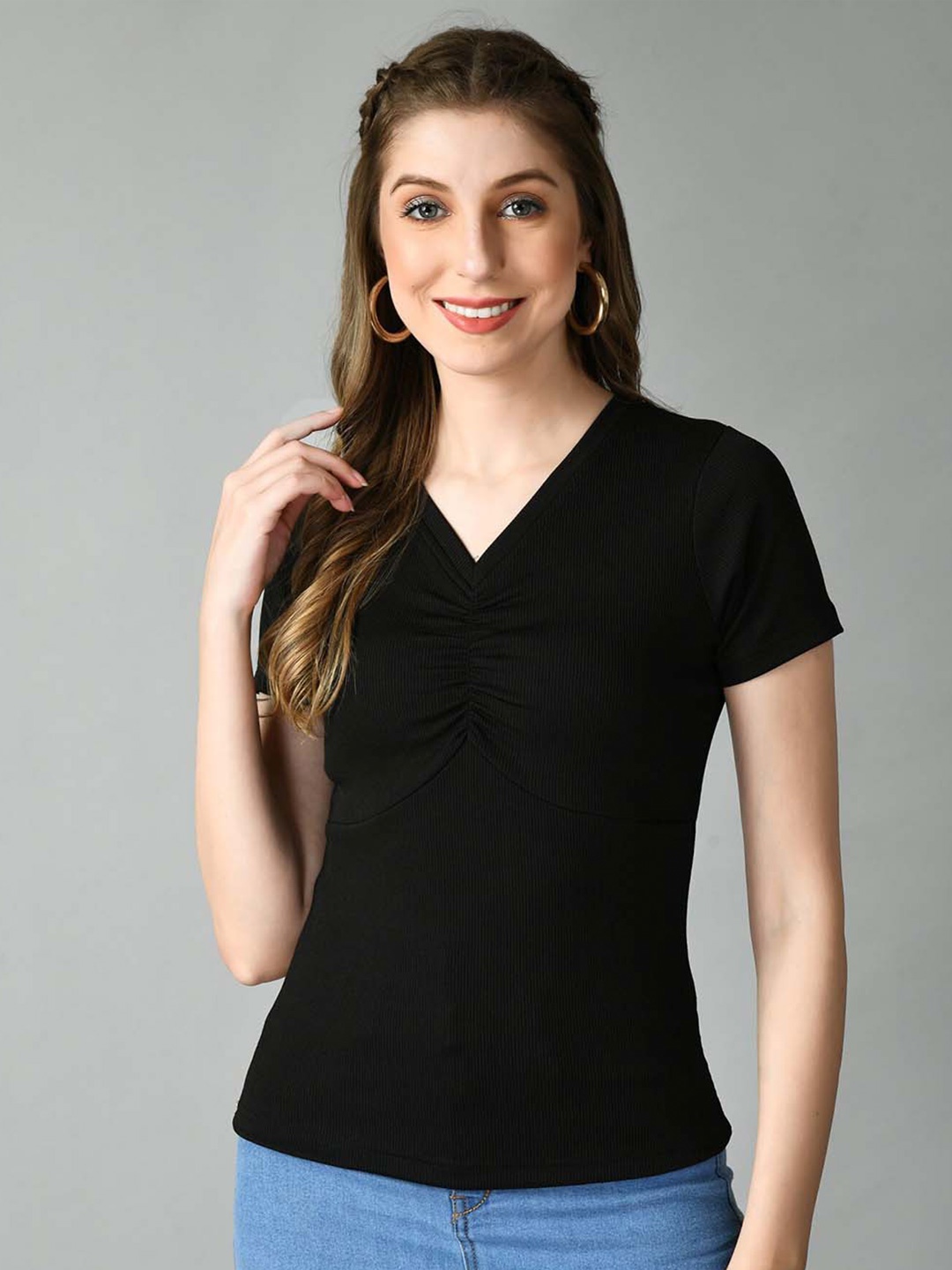 

Moshe V-Neck Ruched Detail Fitted Top, Black