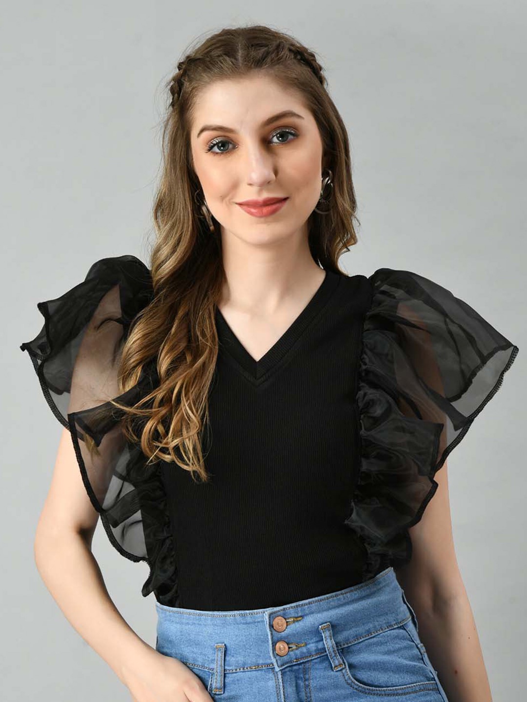 

Moshe V-Neck Flutter Sleeves Top, Black