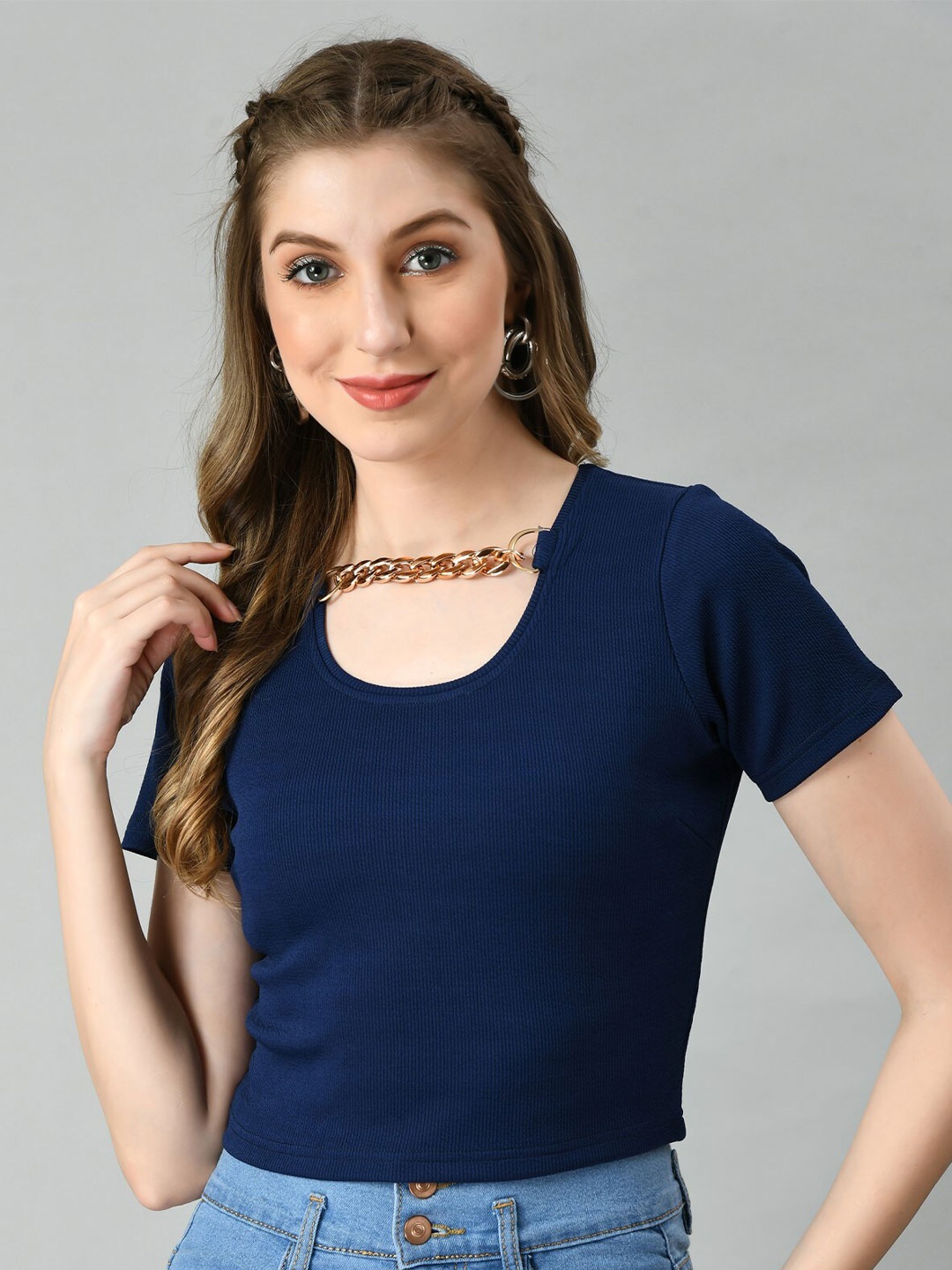 

Moshe Round Neck Fitted Crop Top, Navy blue