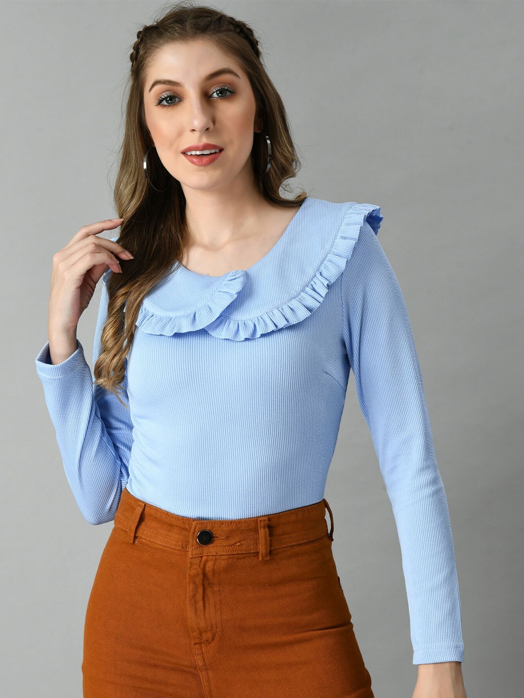 

Moshe Peter Pan Collar Ribbed Ruffles Fitted Top, Blue