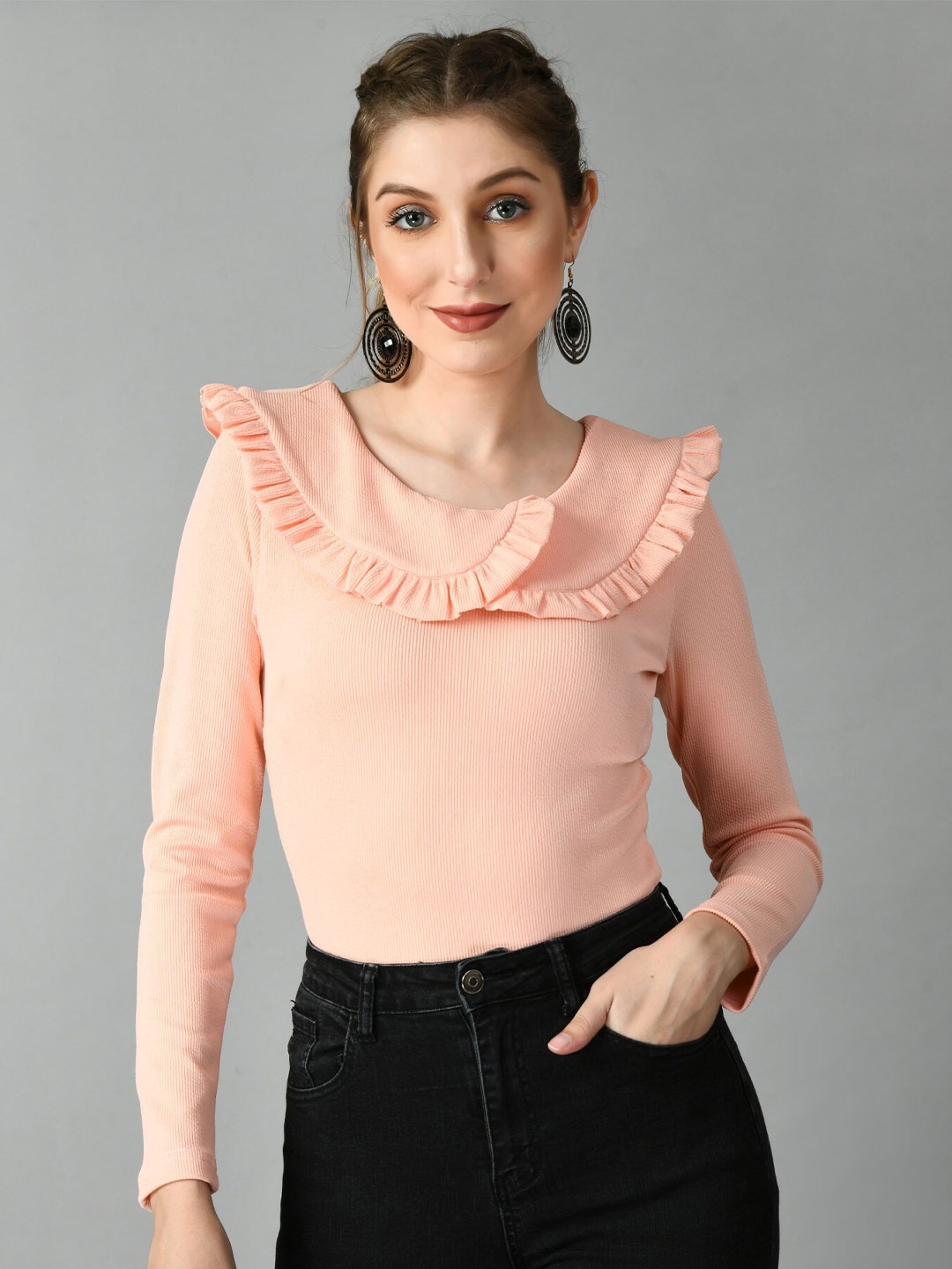 

Moshe Ribbed Peter Pan Collar Ruffles Detail Top, Peach