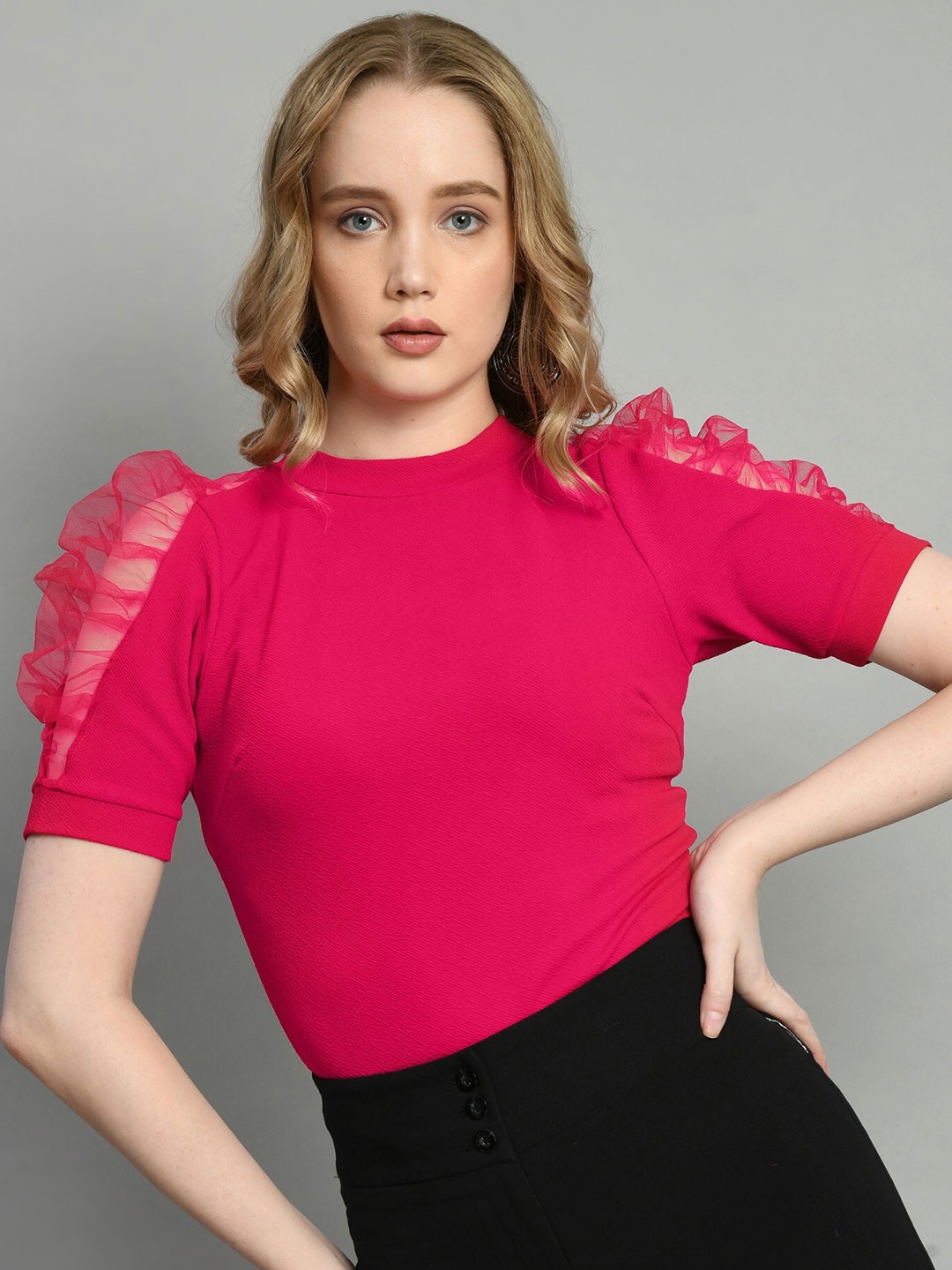 

Moshe Round Neck Puff Sleeve Top, Magenta