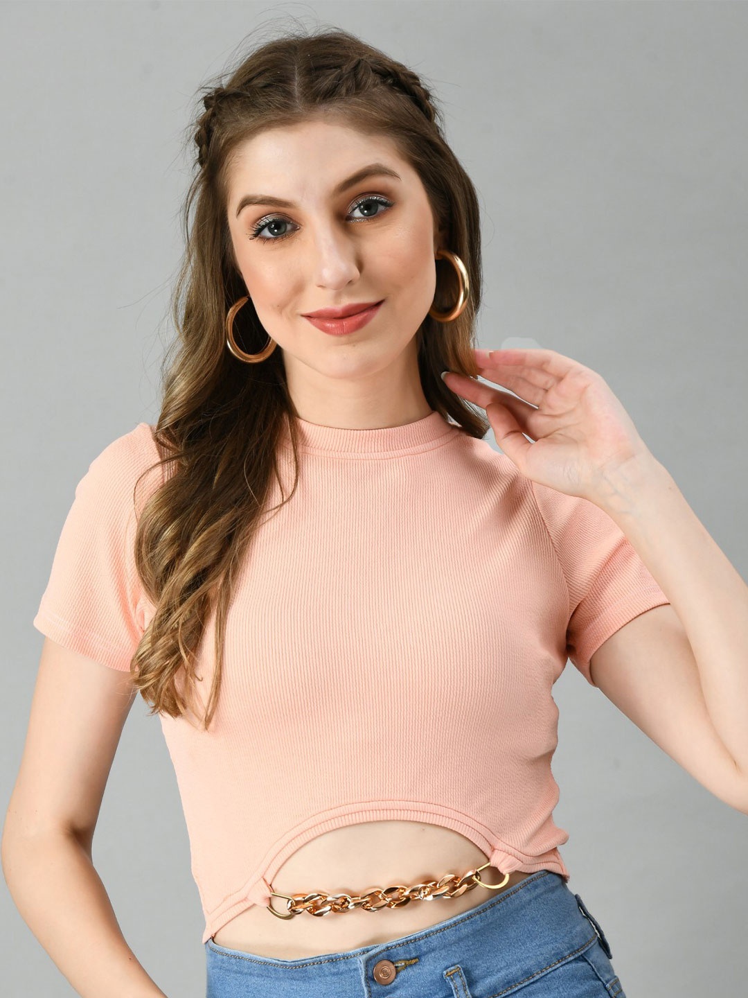 

Moshe High Neck Cut Out Detail Ribbed Fitted Crop Top, Peach