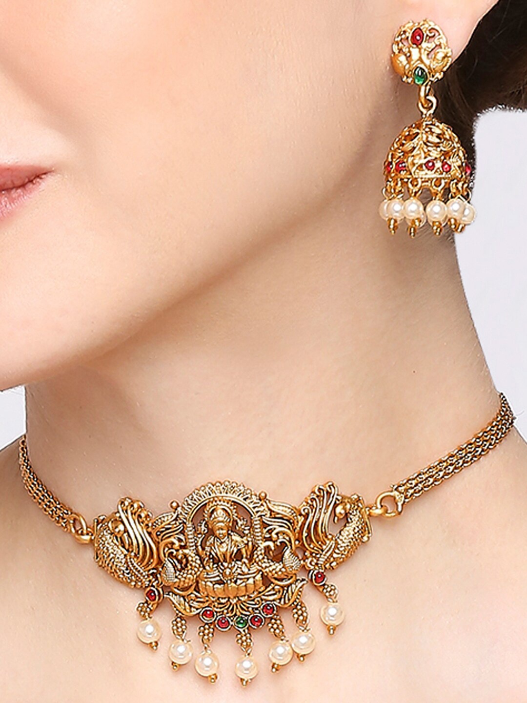 

OOMPH Stone-Studded & Pearl Beaded Choker Necklace & Earrings, Gold