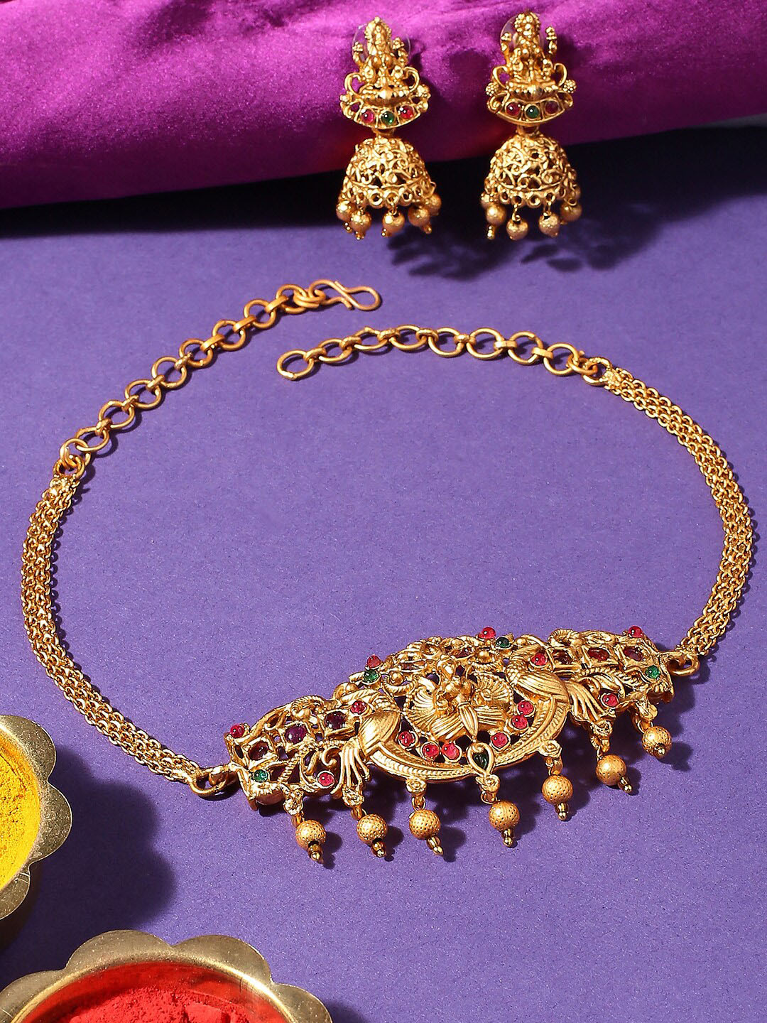 

OOMPH Stone-Studded & Pearl Beaded Necklace & Earrings, Red