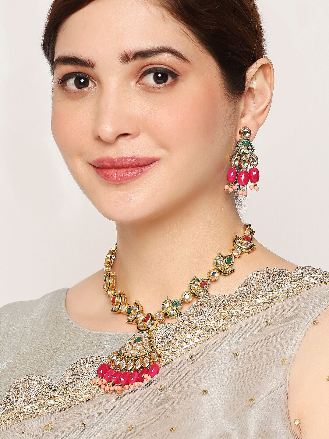 

OOMPH Kundan-Studded & Pearl Beaded Necklace & Earrings, Gold