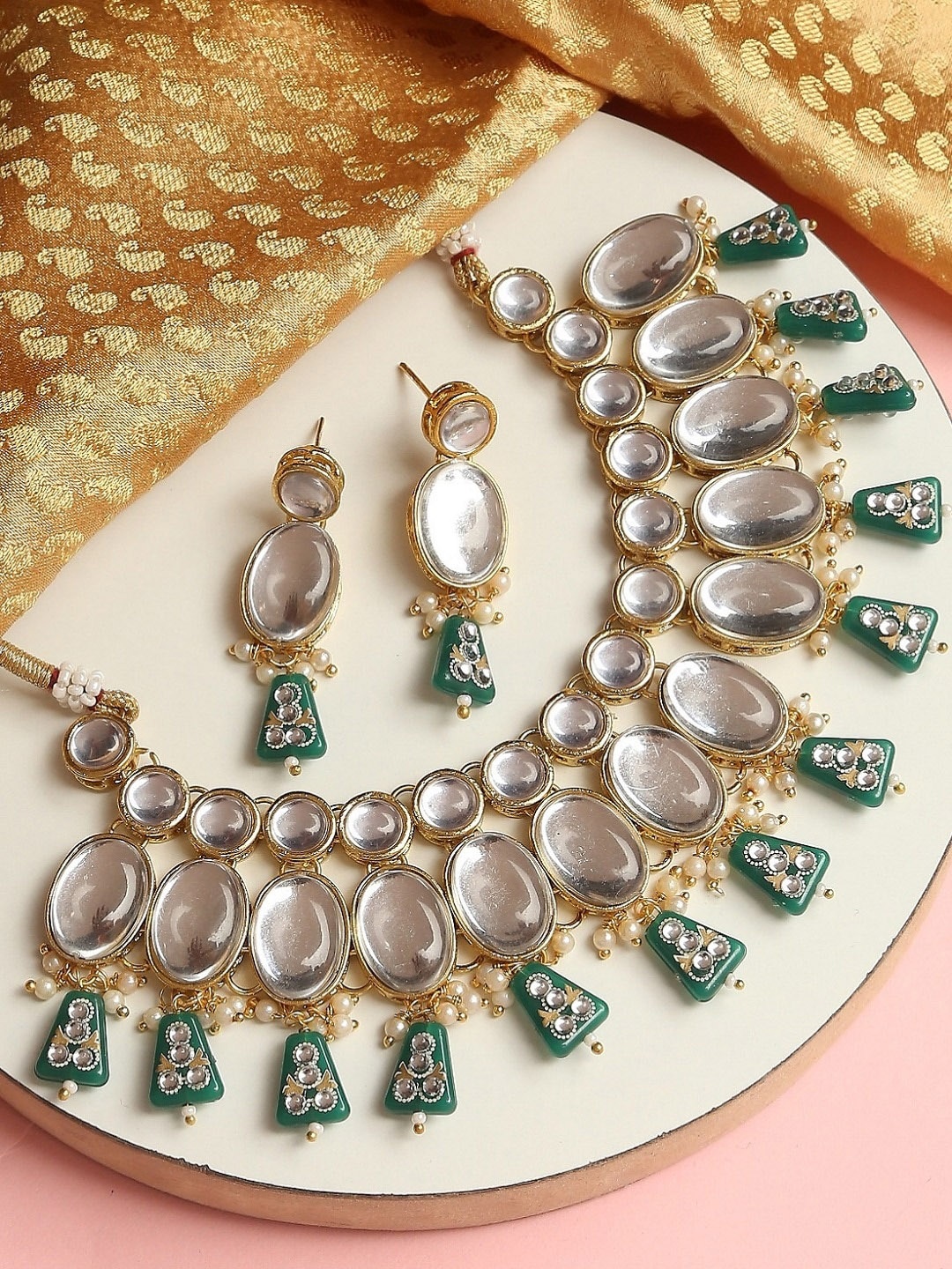 

OOMPH Kundan -Studded & Pearl Beaded Necklace & Earrings, Gold