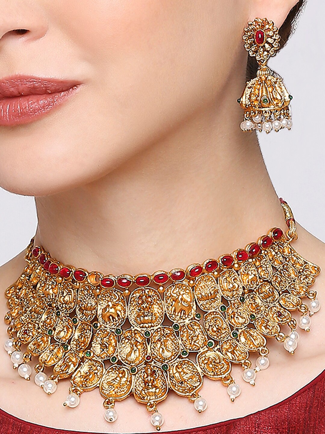 

OOMPH Stone-Studded Laxmi Choker Necklace & Earrings, Red