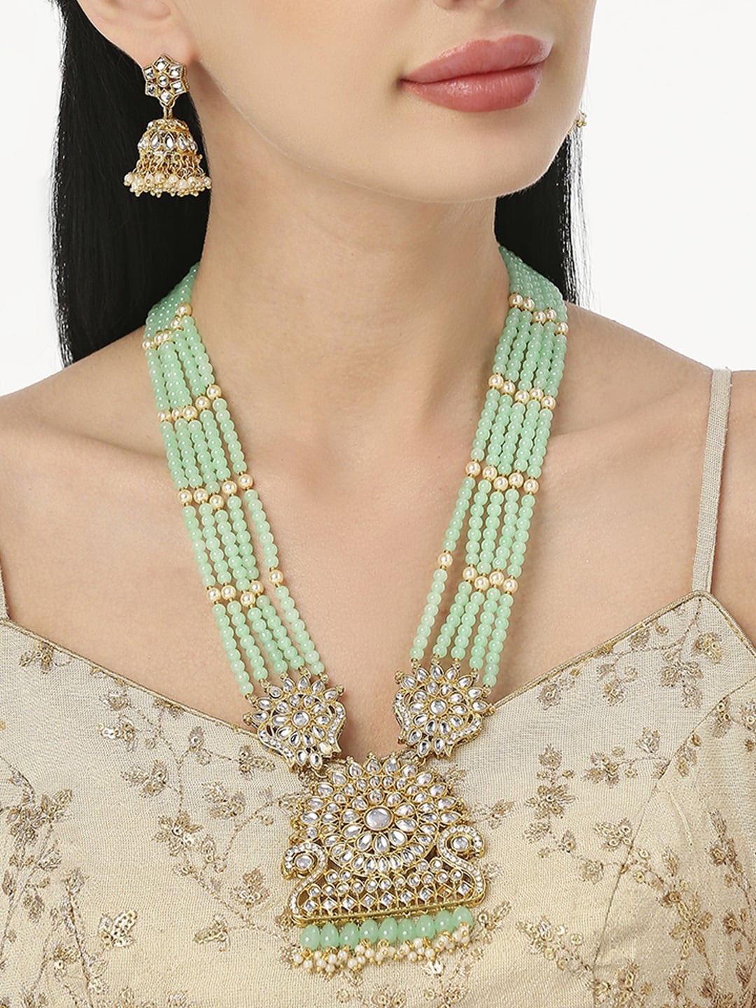 

OOMPH Kundan-Studded & Beaded Jadau Choker Necklace & Earrings, Gold