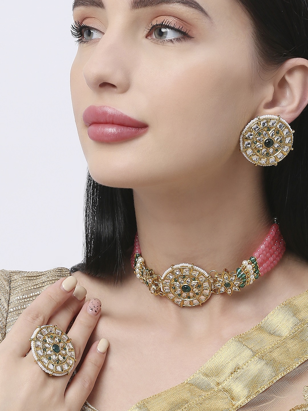 

OOMPH Kundan-Studded & Pearl Beaded Jadau Jewellery Set, Gold