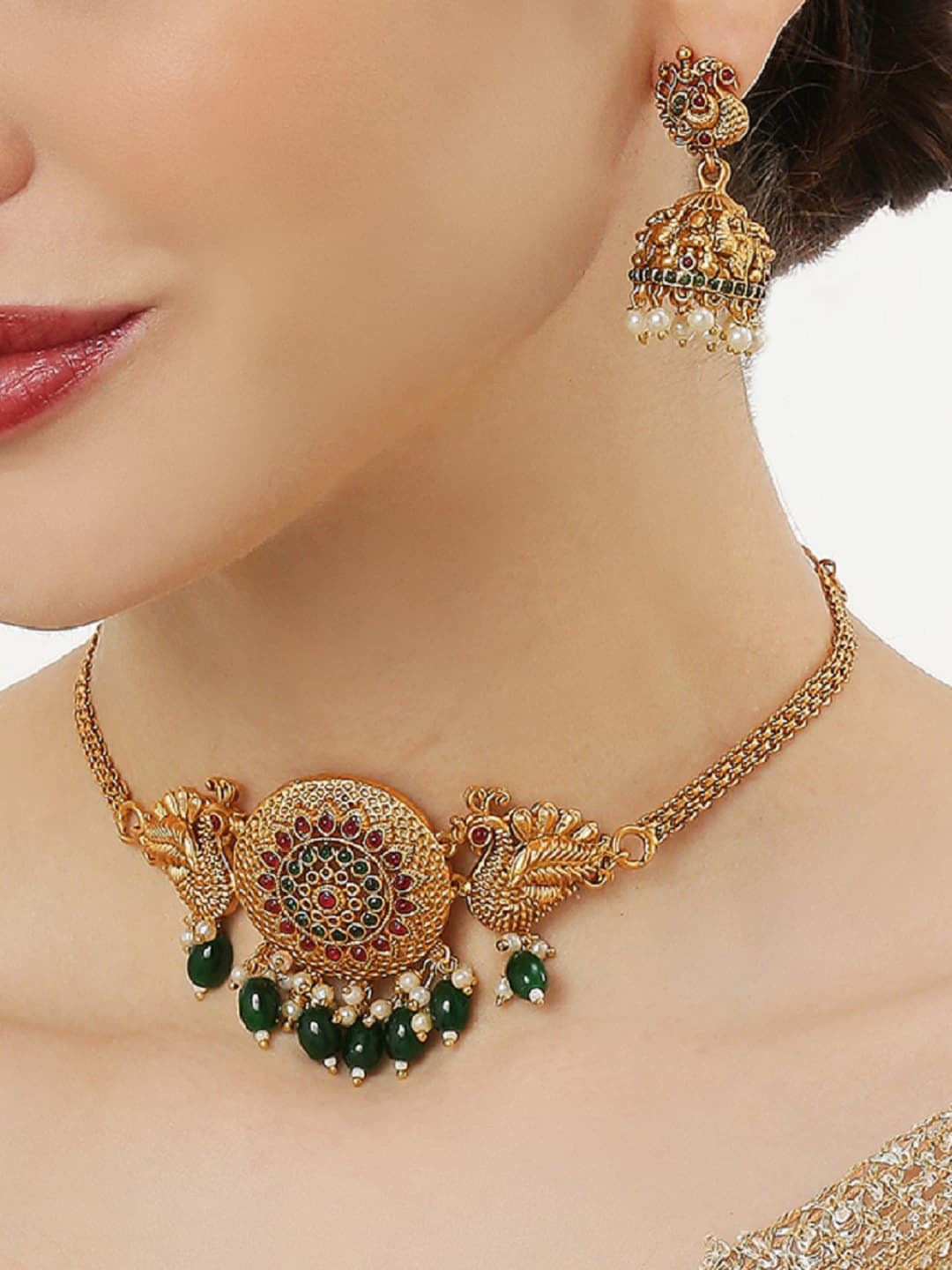 

OOMPH Gold-Plated Stone-Studded & Pearl Beaded Choker Jewellery Set