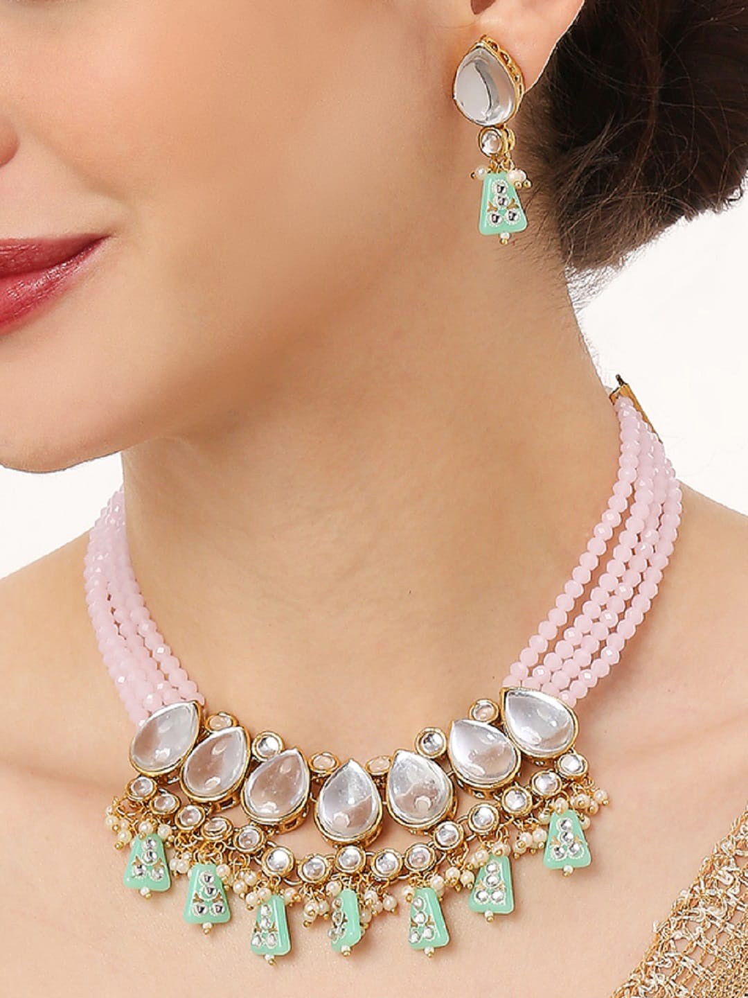 

OOMPH Kundan-Studded & Pearl Beaded Choker Jewellery Set, Green