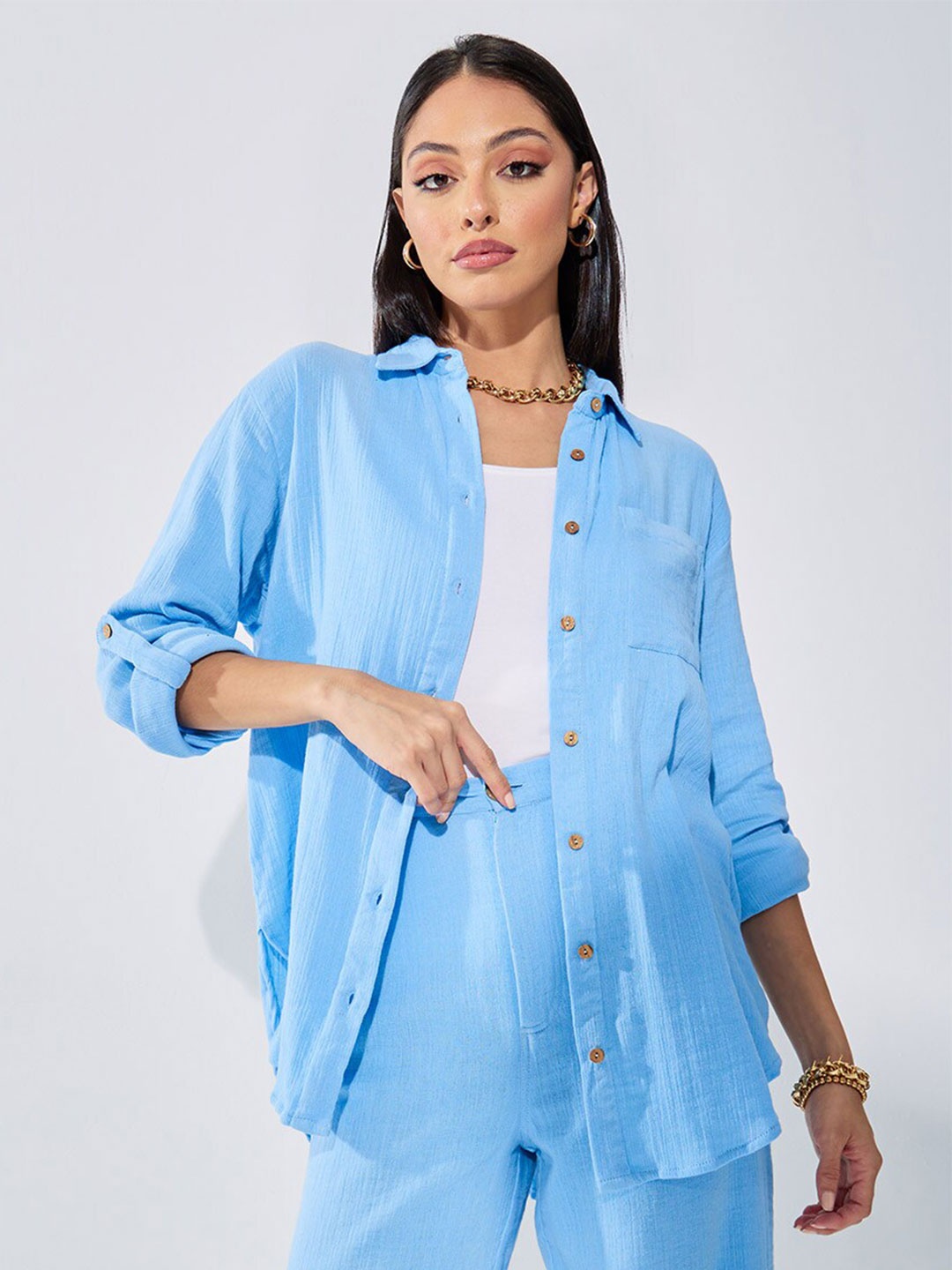 

Styli Cotton Roll-Up Sleeve Oversized Longline Shirt, Blue