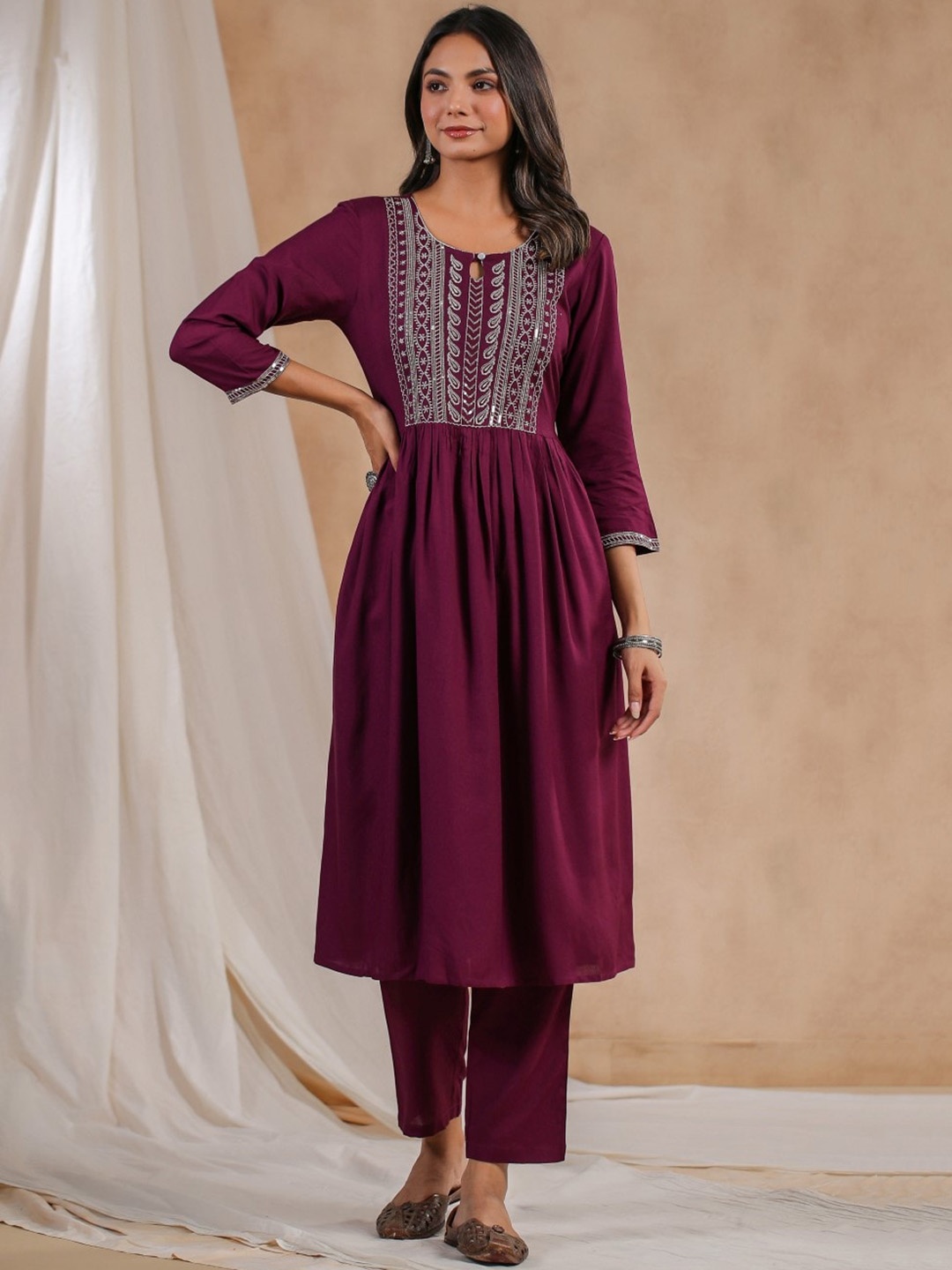 

Anubhutee Ethnic Motifs Yoke Design Sequins Detail A-Line Kurta, Purple