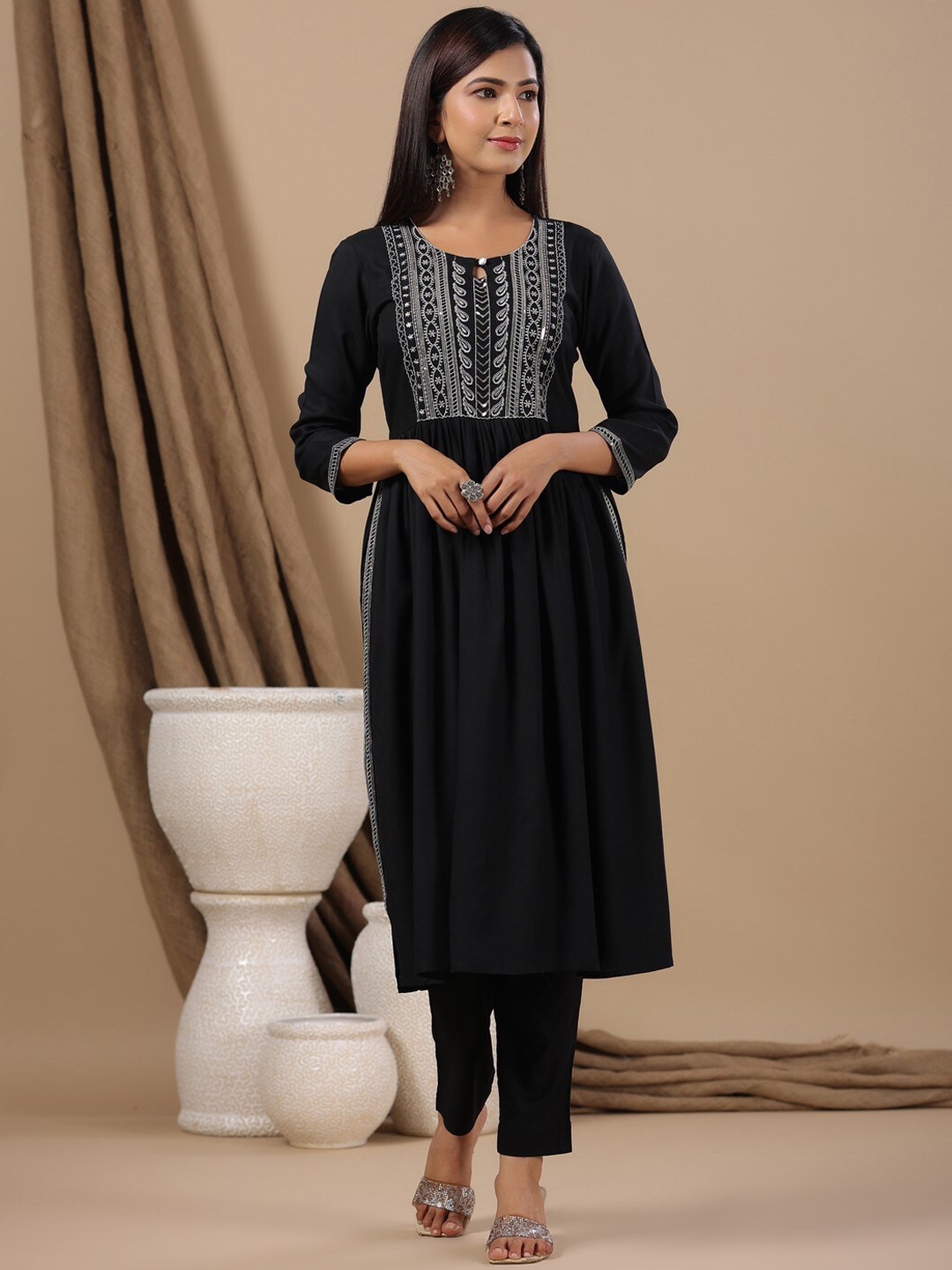 

Anubhutee Ethnic Motif Embroidered Pleated Thread Work Pure Cotton A-Line Kurta, Black