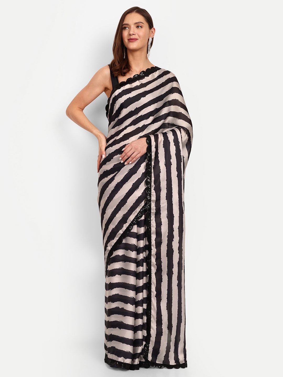 

DrapeMall Sequinned Striped Satin Saree, Black