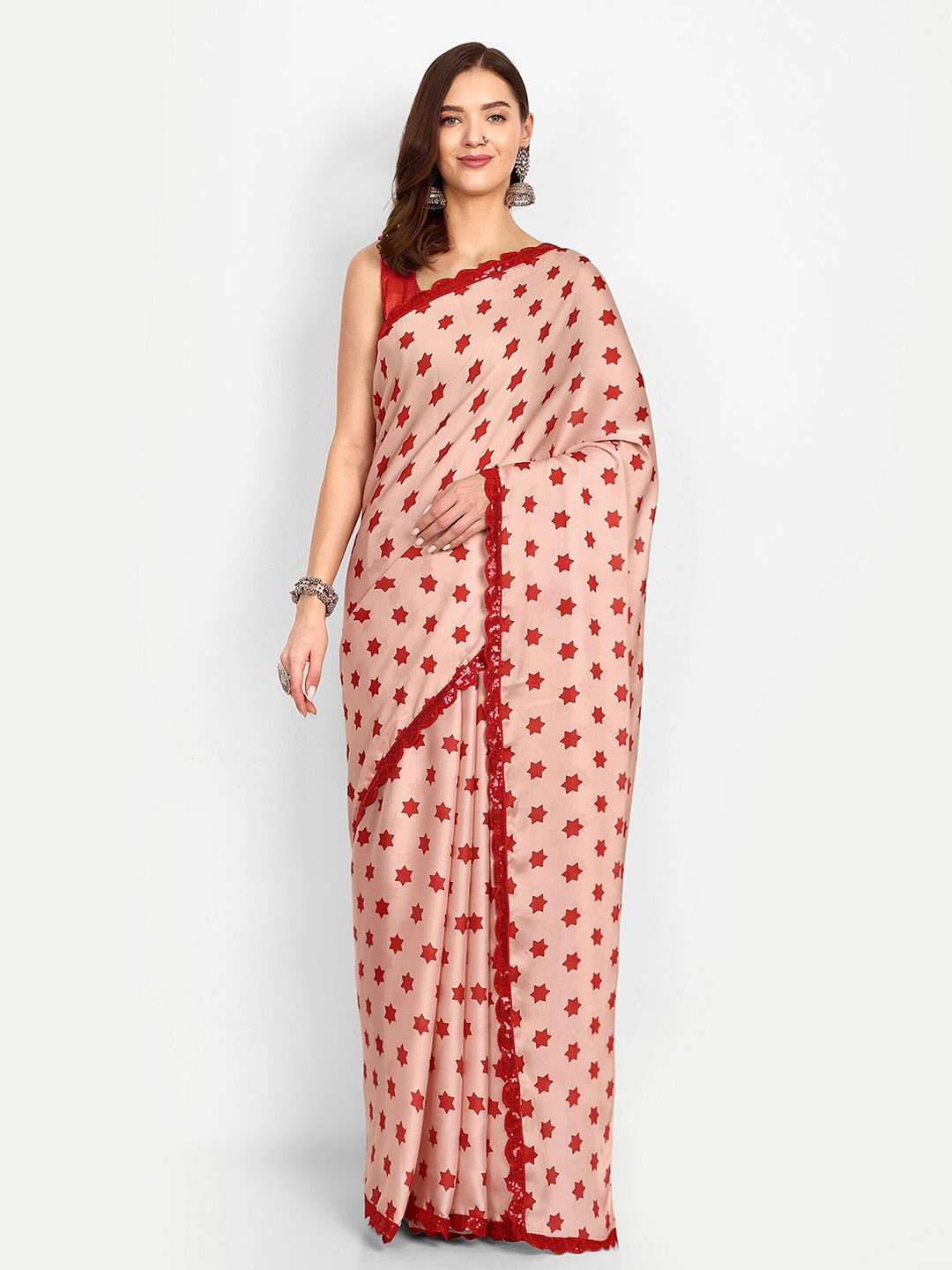 

DrapeMall Geometric Printed Sequinned Satin Saree, Pink