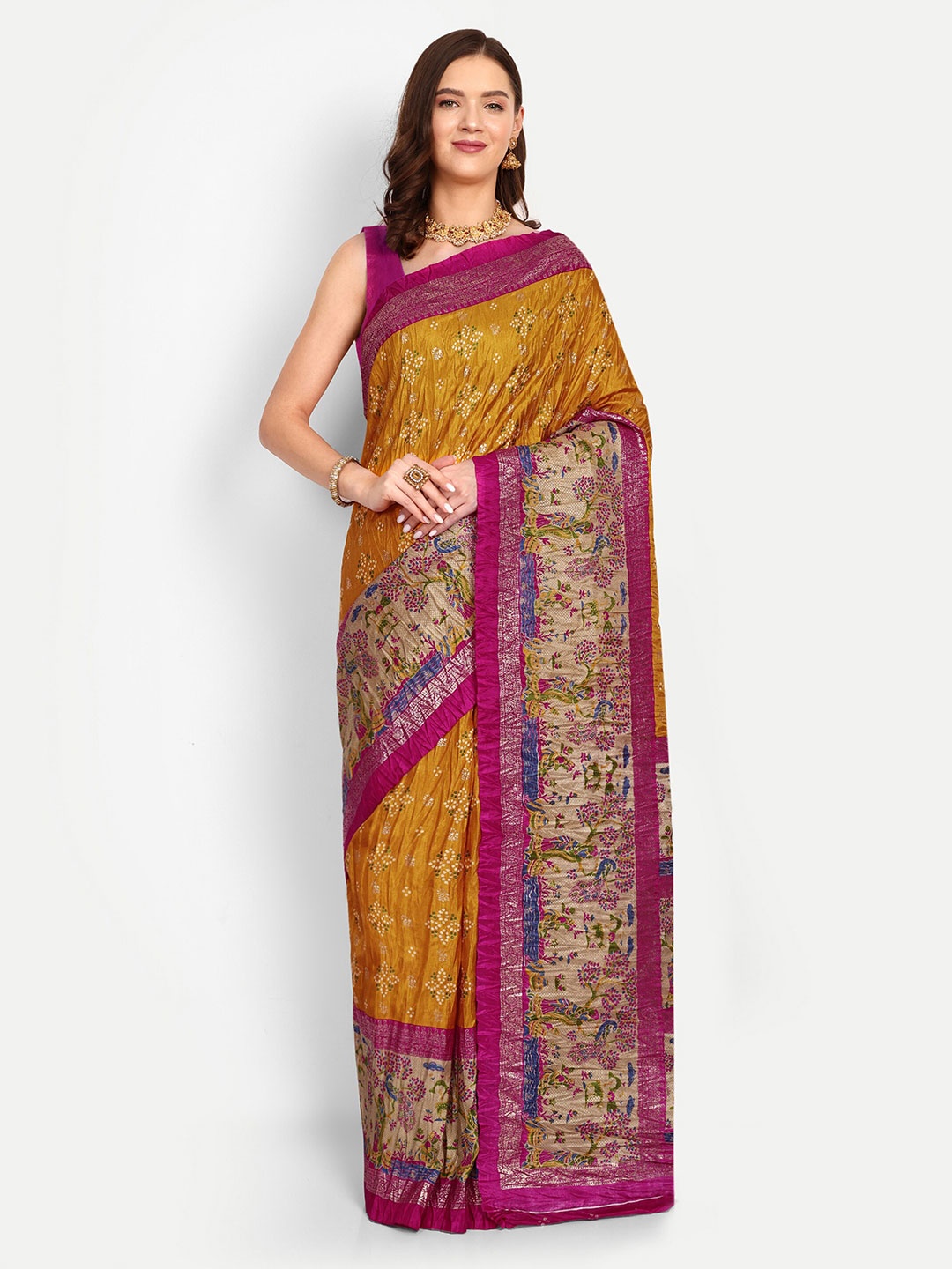 

DrapeMall Bandhani Printed Saree, Mustard