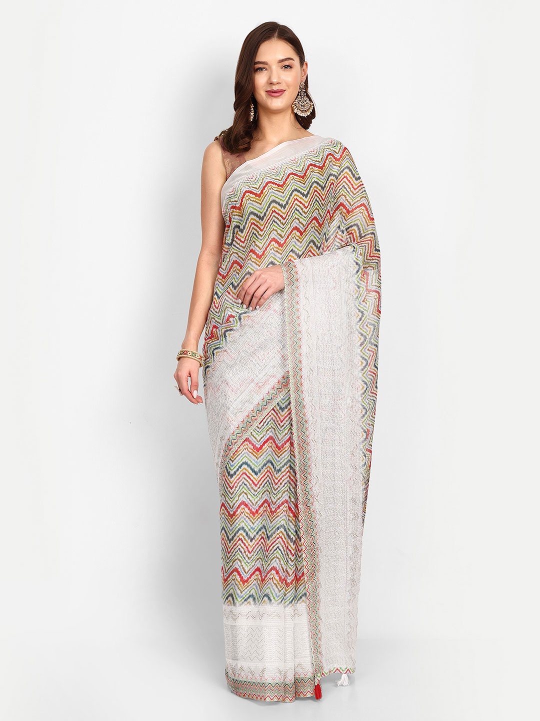 

DrapeMall Leheriya Printed Poly Georgette Saree, White