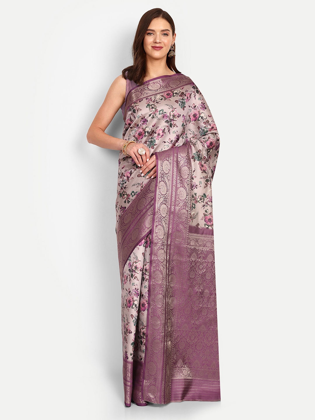 

DrapeMall Floral Printed Zari Saree, Lavender