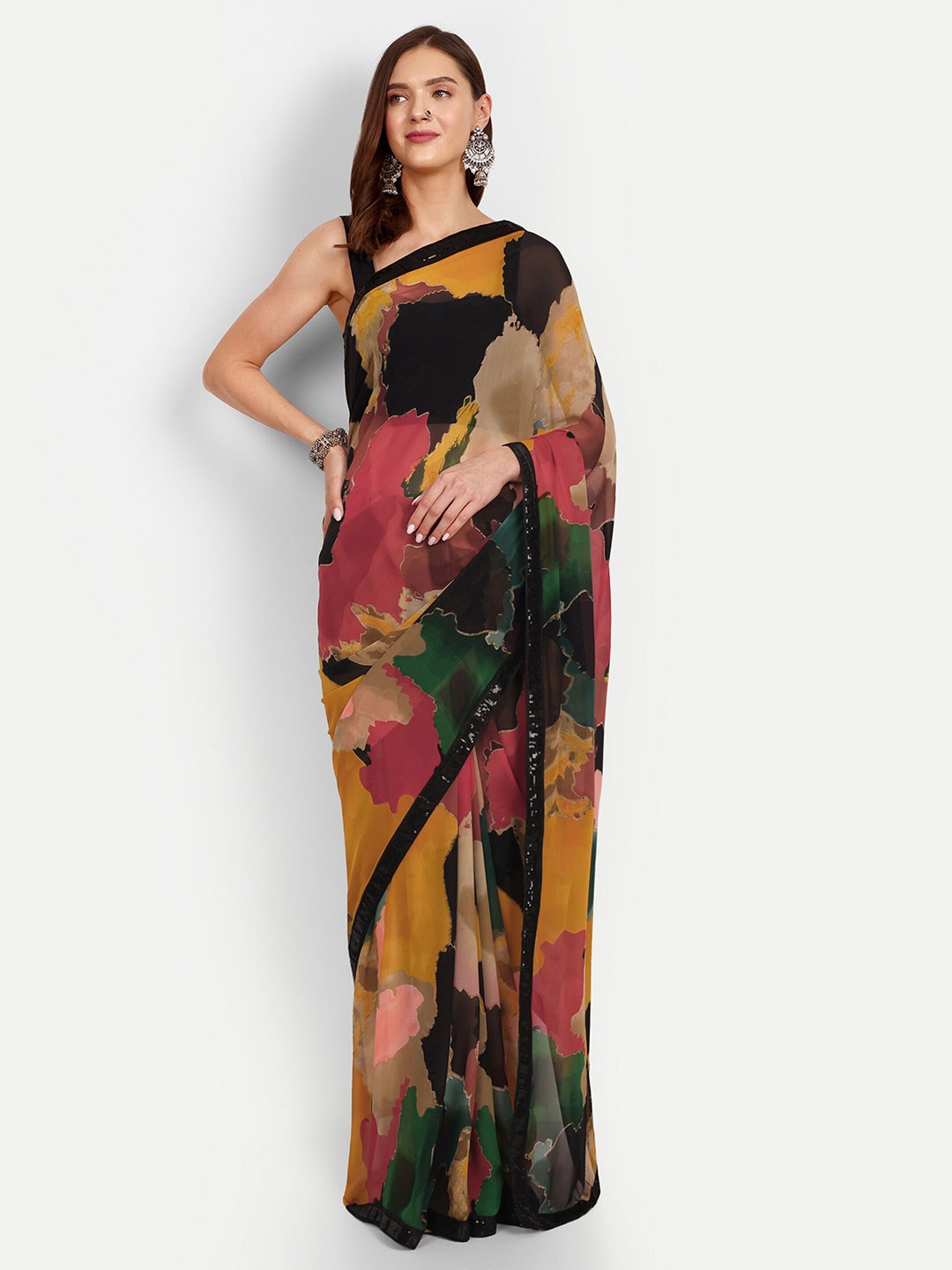 

DrapeMall Abstract Printed Sequinned Saree, Black