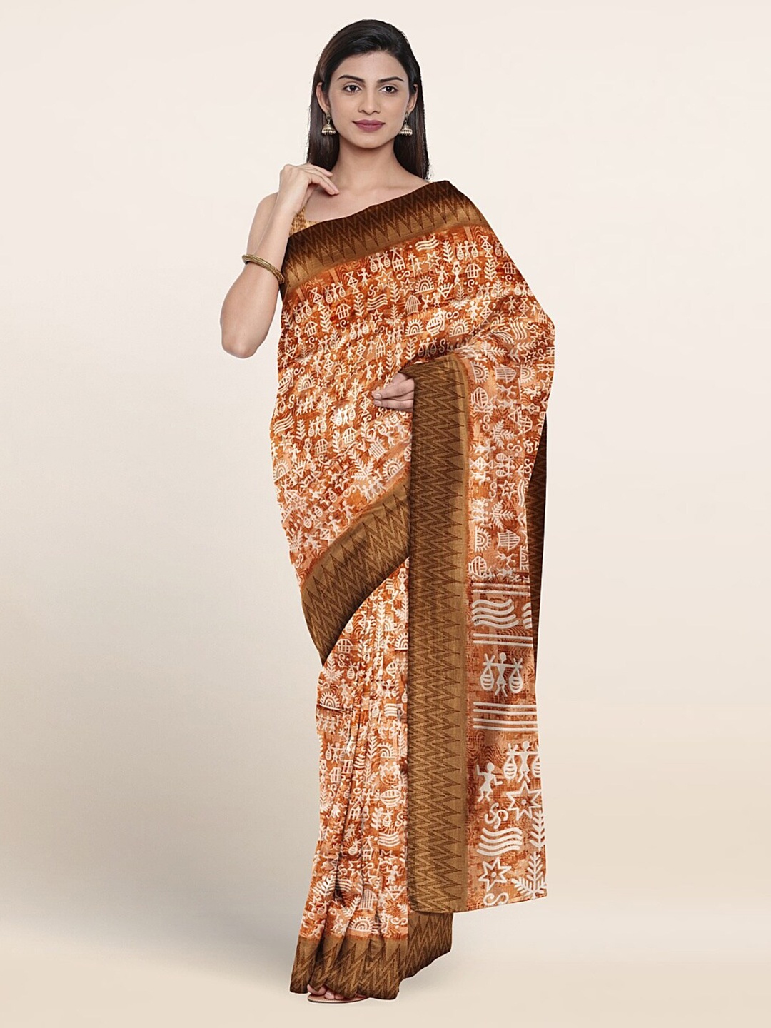 

Pothys Warli Printed Cotton Blend Saree, Rust