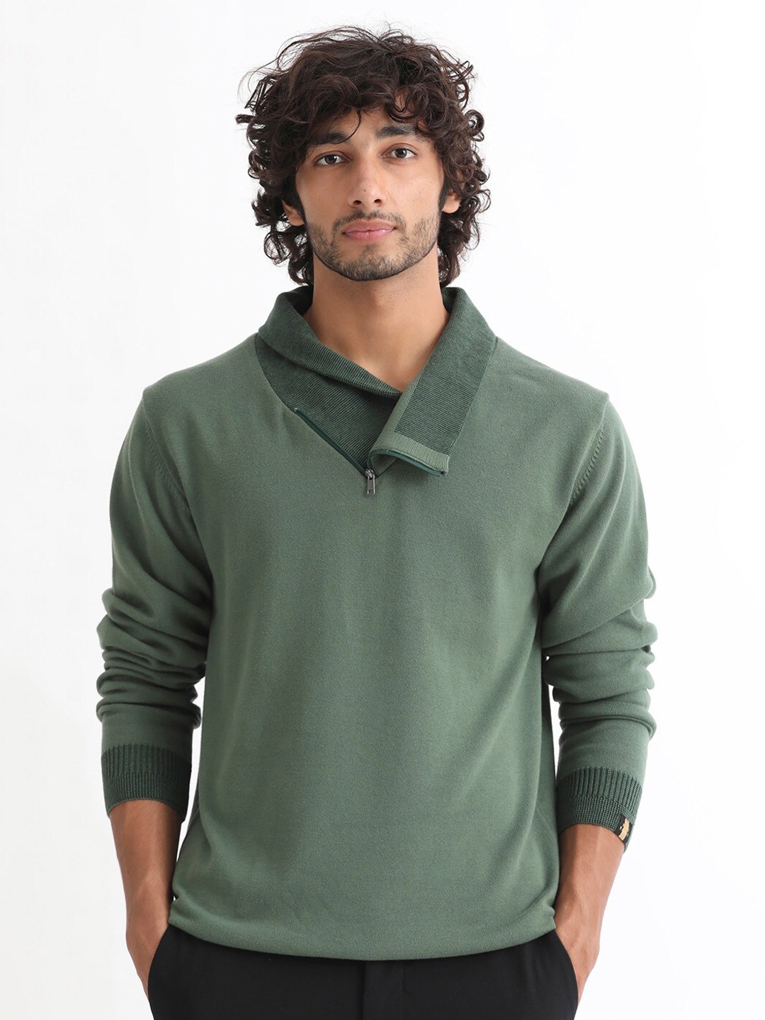 

RARE RABBIT Men Denver Regular Fit Mock Collar Pullover Sweater, Green